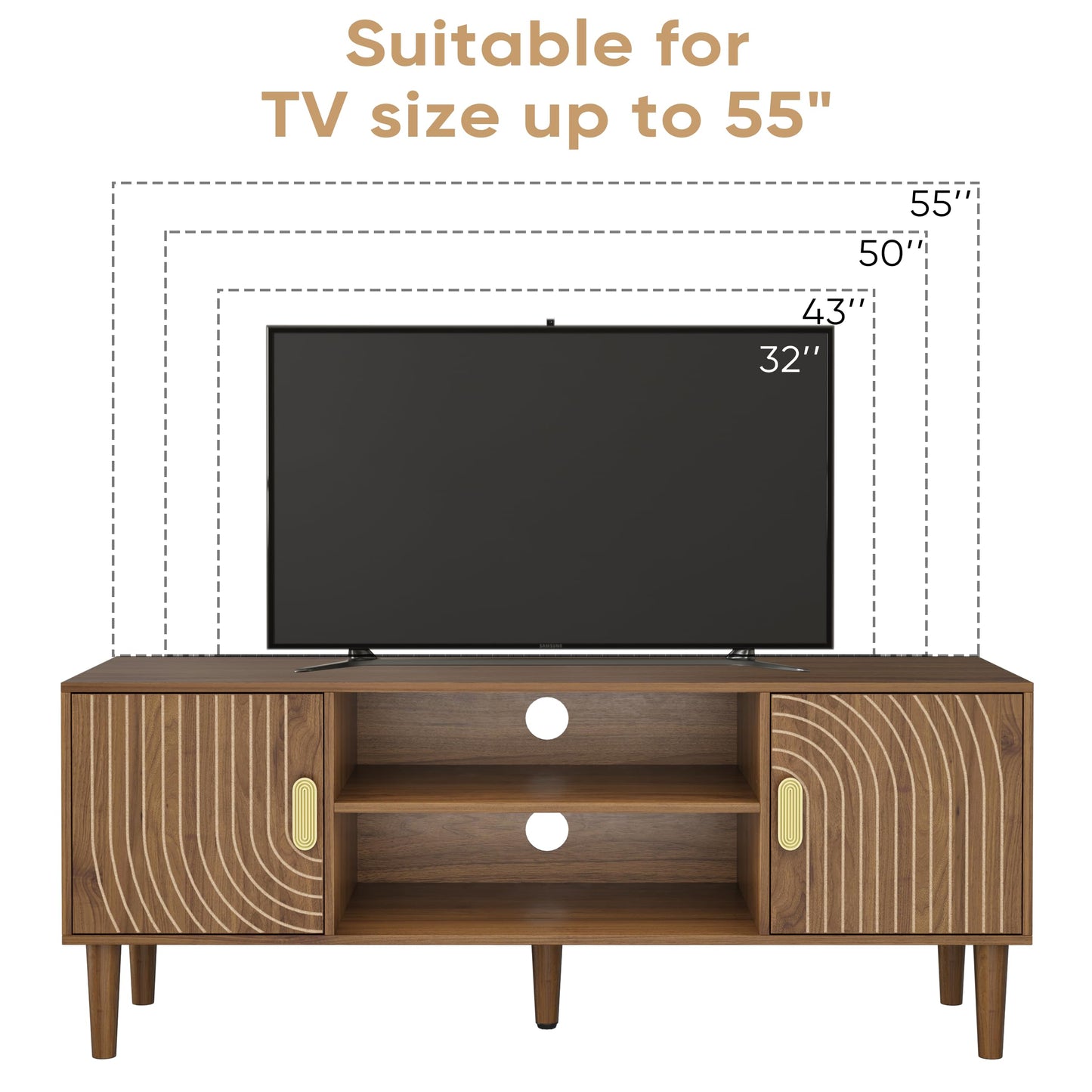 Smuxee Walnut TV Stand with Line Groove Design, 47.2" Mid Century Modern TV Media Console for TVs up to 55", TV Cabinet with Adjustable Shelf & 2 Cabinets for Living Room