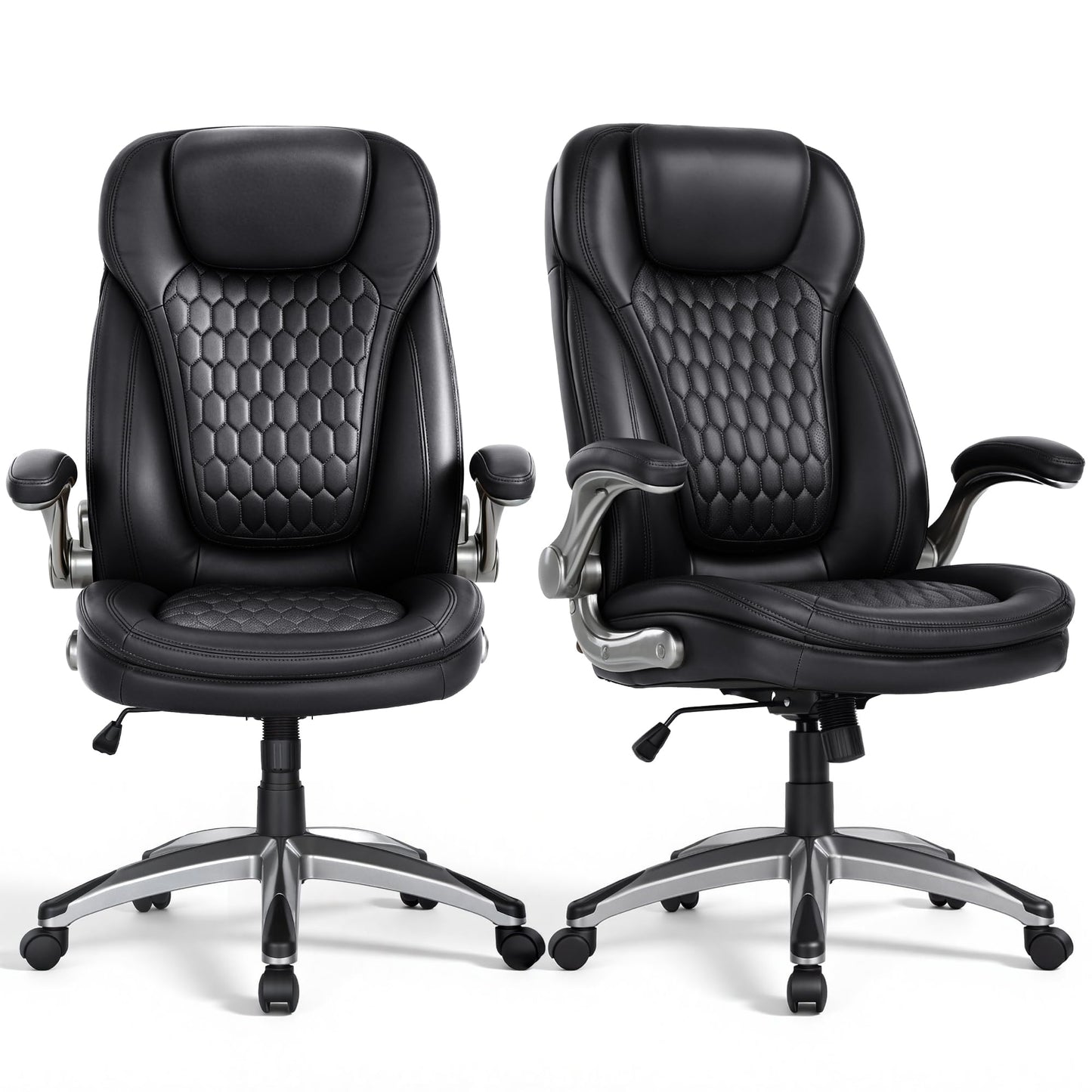 COLAMY High Back Executive Office Chairs,Ergonomic PU Leather Desk Chairs with Flip-Up Armrests, Adjustable Height, Lumbar Support,Comfortable Computer Chairs for Home Office,Set of 2