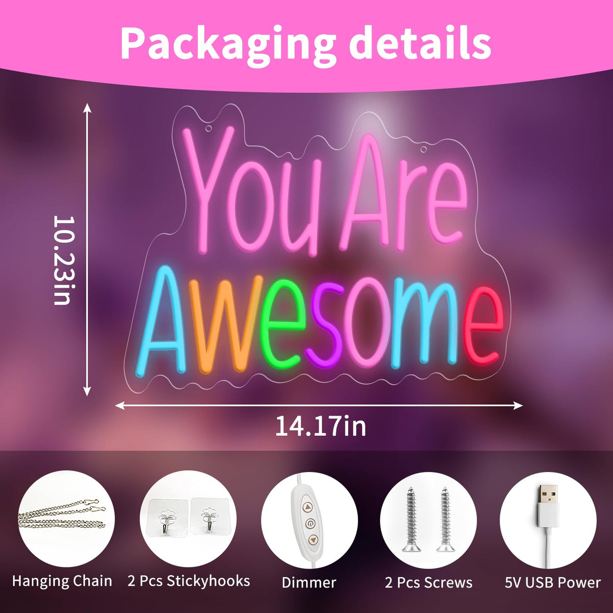 You Are Awesome Neon Sign, Dimmable LED Neon Signs for Wall Decor, USB Powered Neon Light Sign Wall Art for Bedroom Christmas Party Classroom, Postive Aesthetic Decoration 14.17 x 10.24"