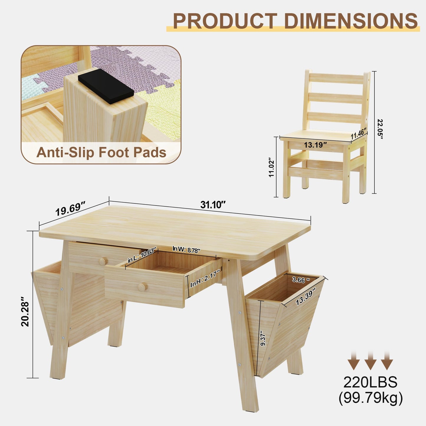 Beskadi Solid Pine Wood Table and 2 Chairs Set, Desk with Storage Bins, Premium Quality Wooden Table and Chair Set for Bedroom &Home - Boho Desks