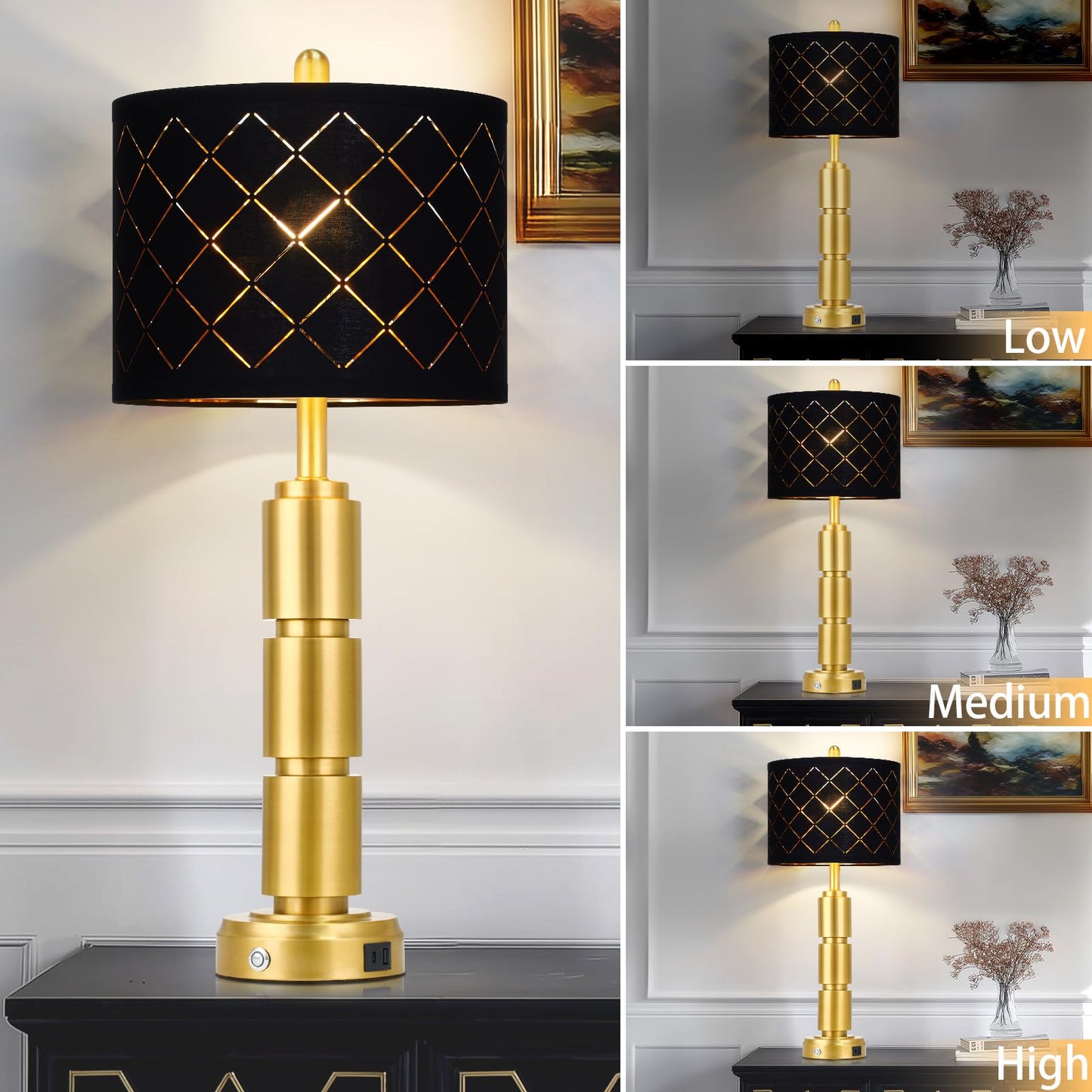 luxeflow Set of 2 Modern Table Lamps for Living Room Bedroom,29" Tall Bedside Lamp with 2 USB Port,Gold Metal Touch Nightstand Lamp with Black Grid Shade for End Table Entryway,Gold