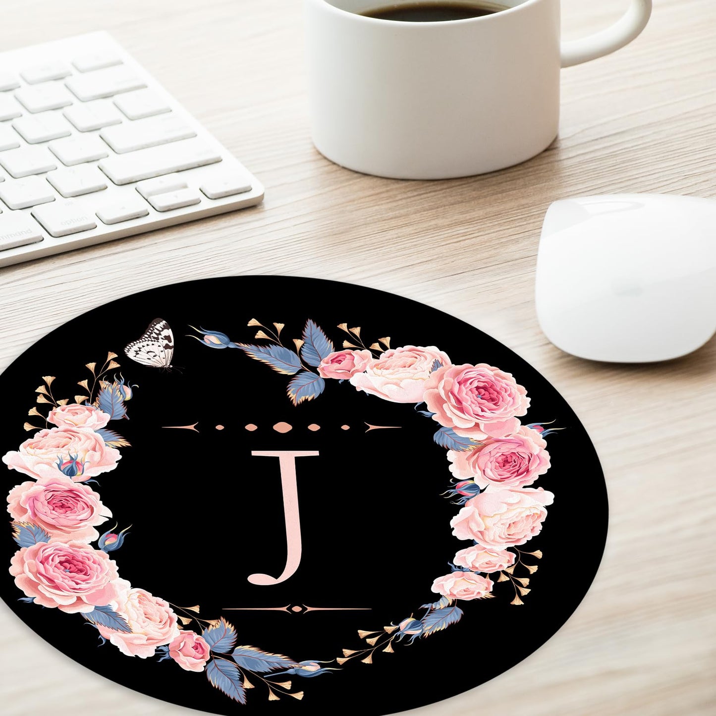 Letter J Black and Pink Flowers Round Mouse Pad, Funny Small Mouse Mat with Non-Slip Rubber Base, Home Office Decor Desk Accessory, 8.7 inch Round