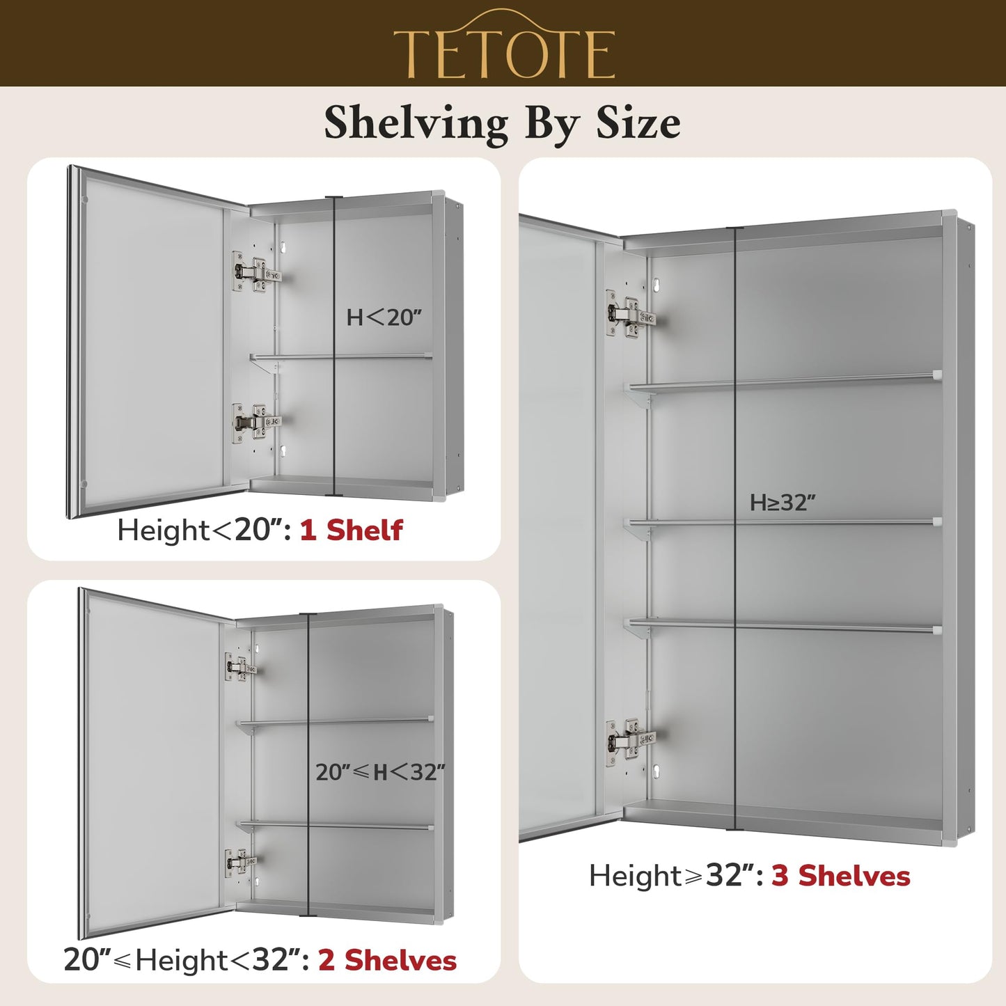 TETOTE 48 x 26 Medicine Cabinet with Tempered Beveled MirrorSilverVanity Mirror with Storage Aluminum Cabinet DTC Hinges, Stepless Adjustable Shelves, Recessed/Surface-Mounted