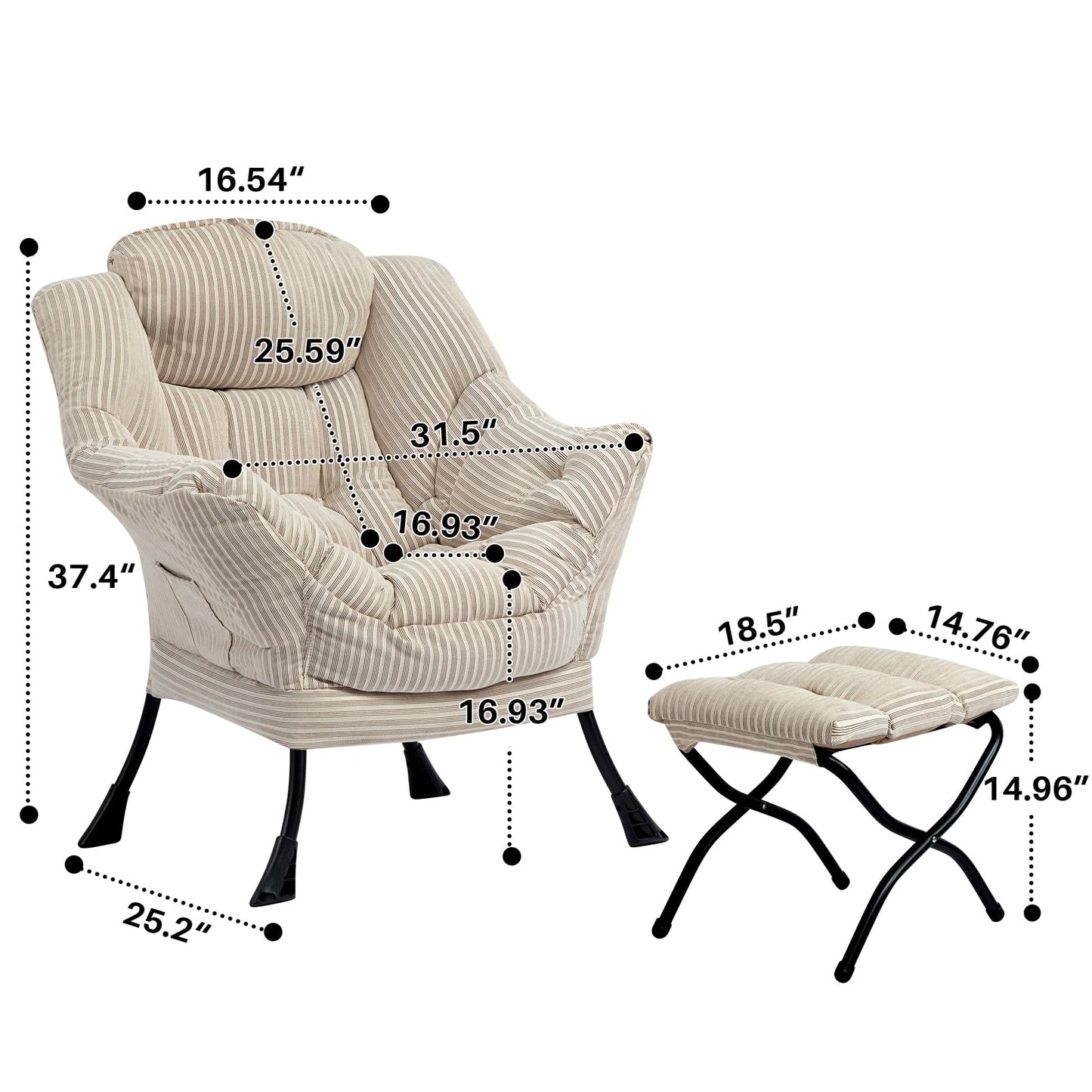 HollyHOME Lazy Chair with Foldable Ottoman, Accent Comfy Lounge Armchair and Folding Footrest Stool, Leisure Sofa Reading Chair and Footstool for Living Room, Bedroom, Dorm,Beige Stripe