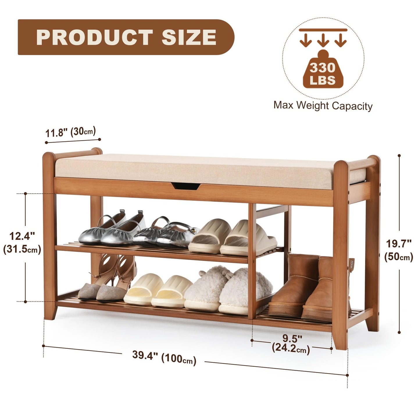 Homman 39.4in Shoe Rack Bench, Shoe Storage Bench with Lift Top Hidden Storage, Entryway Bench Holds Up to 330lb for Bedroom Living Room
