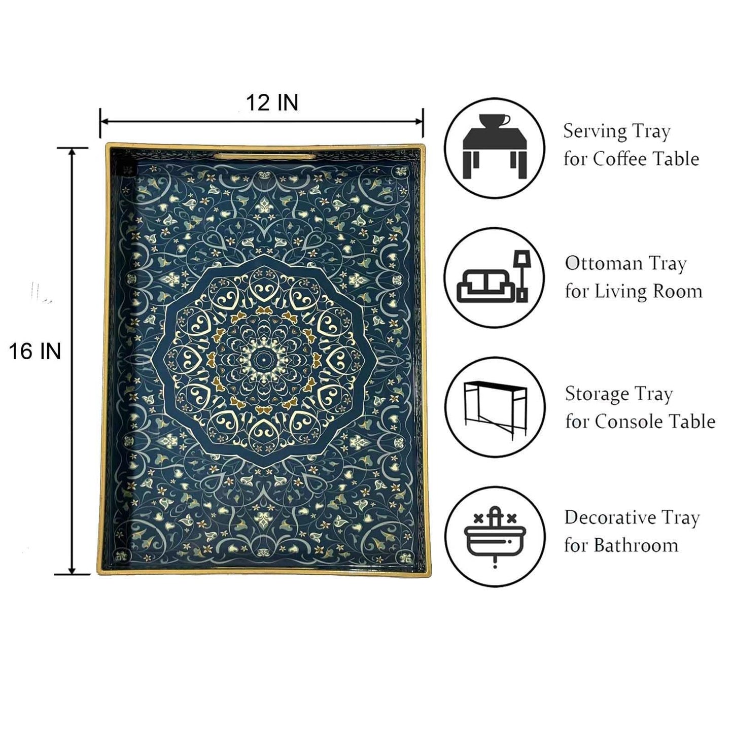 Fuukou Plastic Serving Tray with Handles,Large Ottoman Tray for Living Room,Large Rectangle Trays for Ottoman Coffee Table,Decorative Blue Boho Serving Trays for Home Decor,16" x 12"