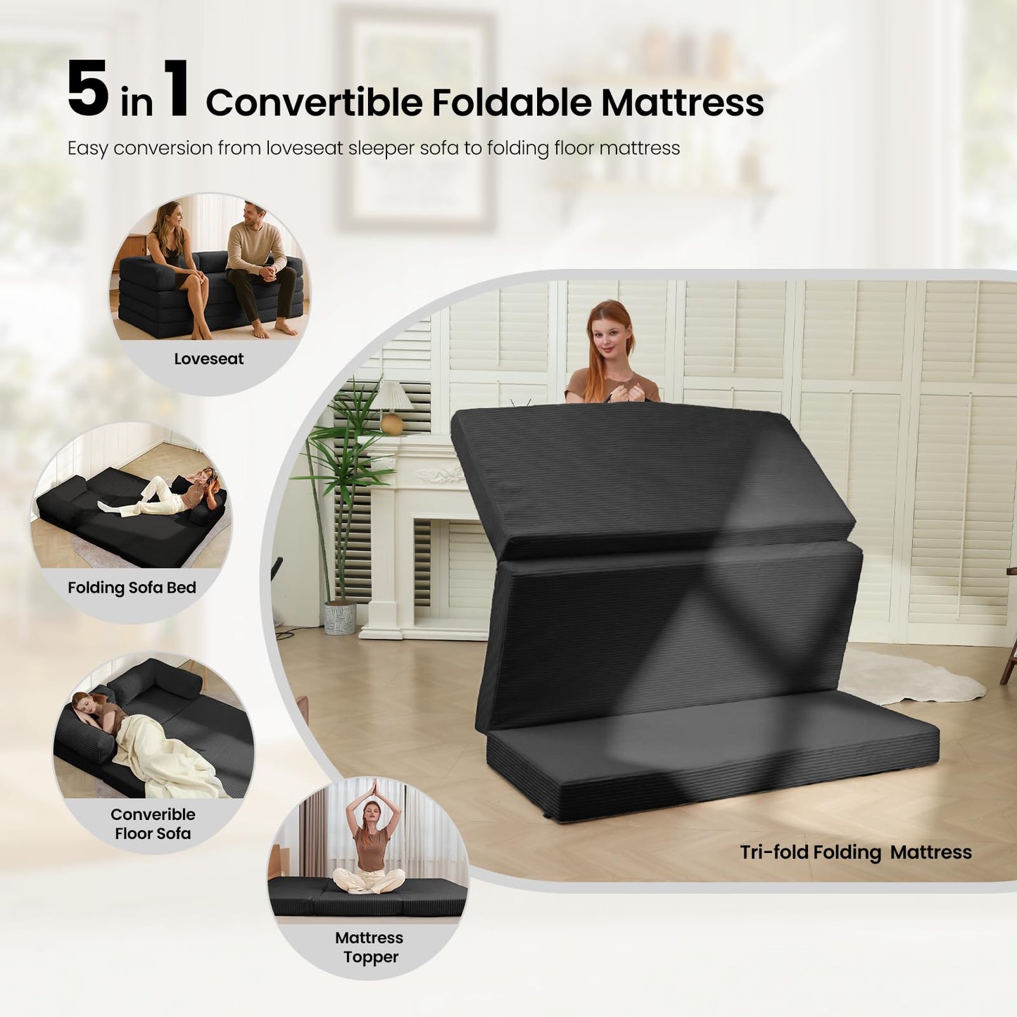 AOLVDOW Tri-Fold Foldable Mattress, Convertible Folding Sofa Bed with Removable Arms & Washable Cover, All-in-One Portable Mattress Floor Sofa Bed, No Assembly Required & Non-Slip, Full Size, Black
