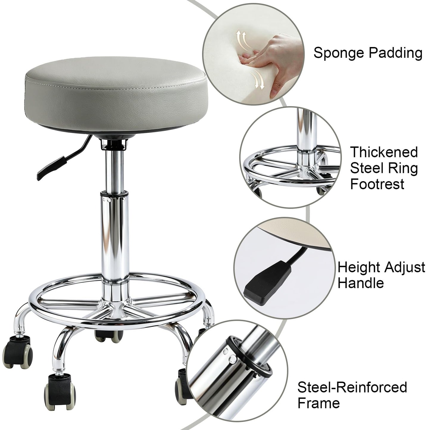 Rolling Stool with Wheels, Comfort Cushion Professional Swivel Drafting Stool, Height Adjustable Heavy Duty 500 lb Stool with Silent Casters and Foot Ring for Salon Tattoo Clinic Home Office, Grey