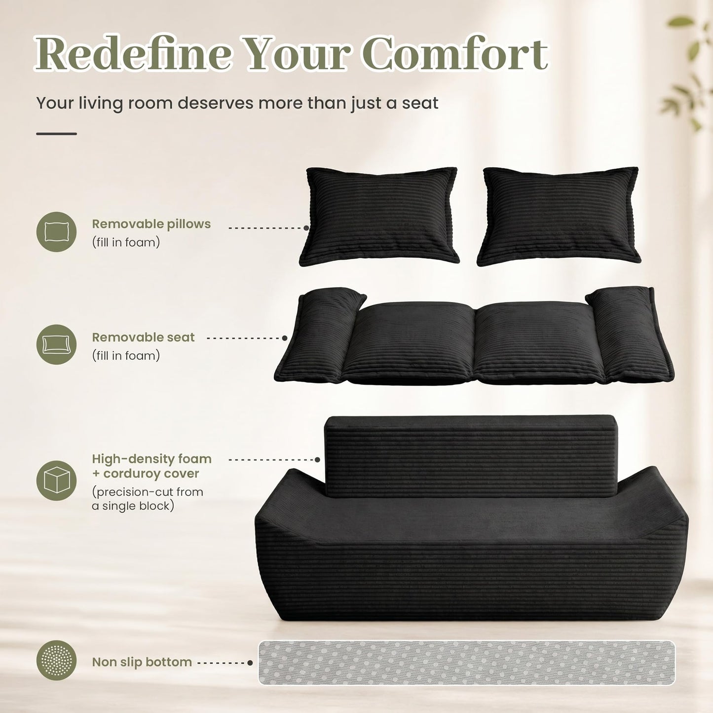 JUIKURY 55" Convertible Corduroy Sofa Bed, Boneless Foldable Loveseat Sleeper Couch, Compressed Foam Floor Sofa with Removable Cushions & Pillows for Small Space Living Room