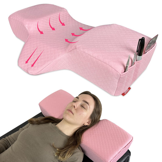 Lash Pillow for Eyelash Extensions - Curved Memory Foam Bed Pillow, Ergonomic Head Rest with Neck Support, Side Pockets for Tools, Fits Lash Beds for Tech – Pink