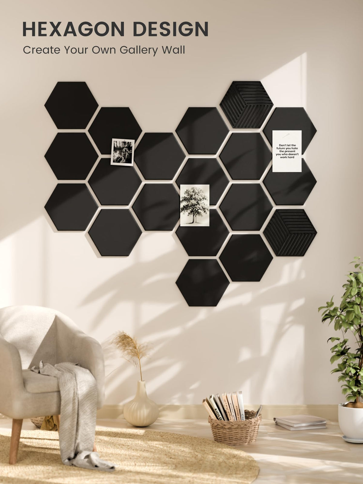 Fluxynara Hexagon Cork Board Alternative for Walls Decor-10-Pack Felt Bulletin Board Tiles,with 30 Pushpins,50 Adhesive Tabs for Office,Classrooms & Home Pin Board Felt Board-Black