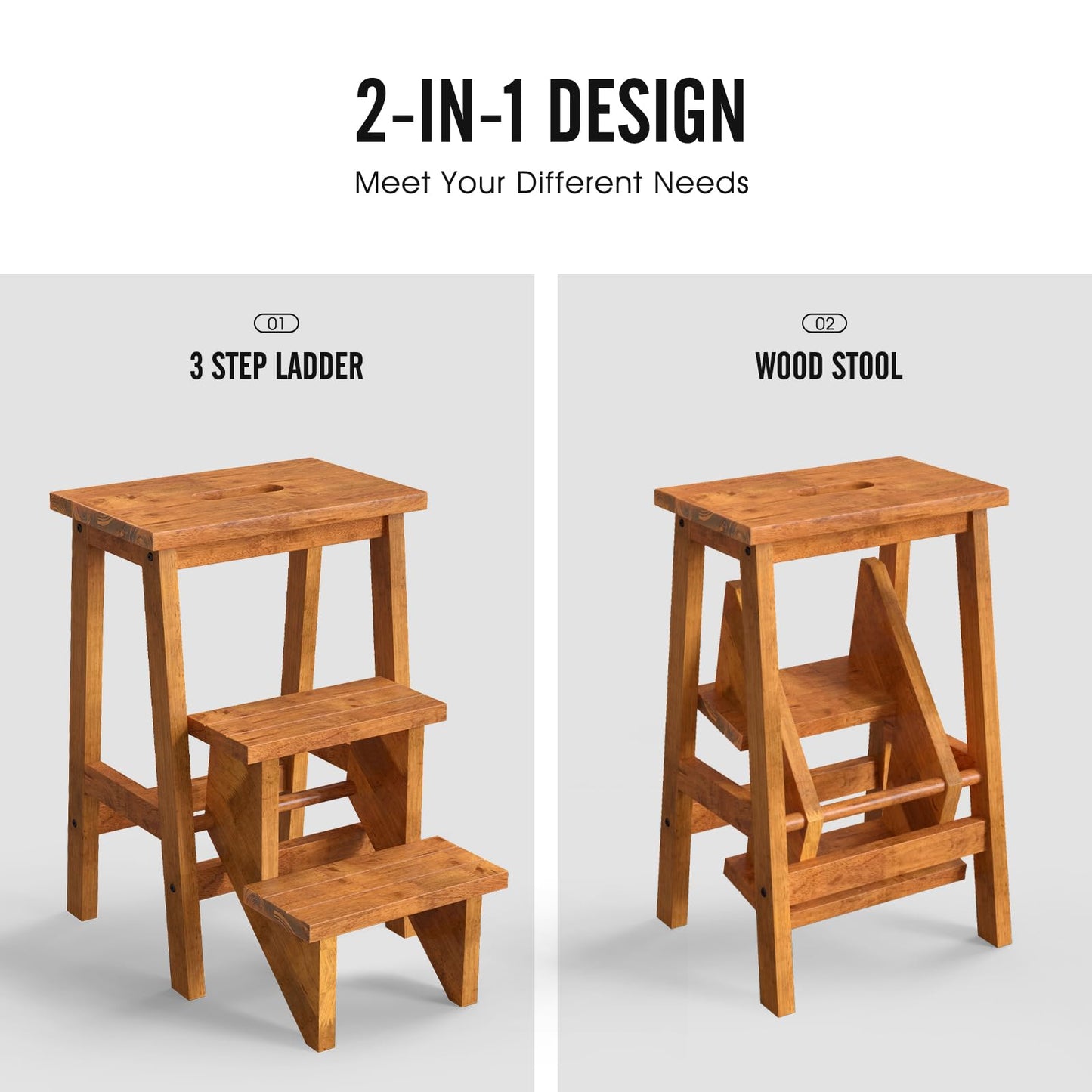 Costzon Folding 3 Step Stool, 3 in 1 Wooden Step Ladder with Handle, Non-Slip Pedal, Multifunctional Storage Shelf, Flower Rack for Kitchen, Library, Garage, Foldable Step Stool for Adults Kids