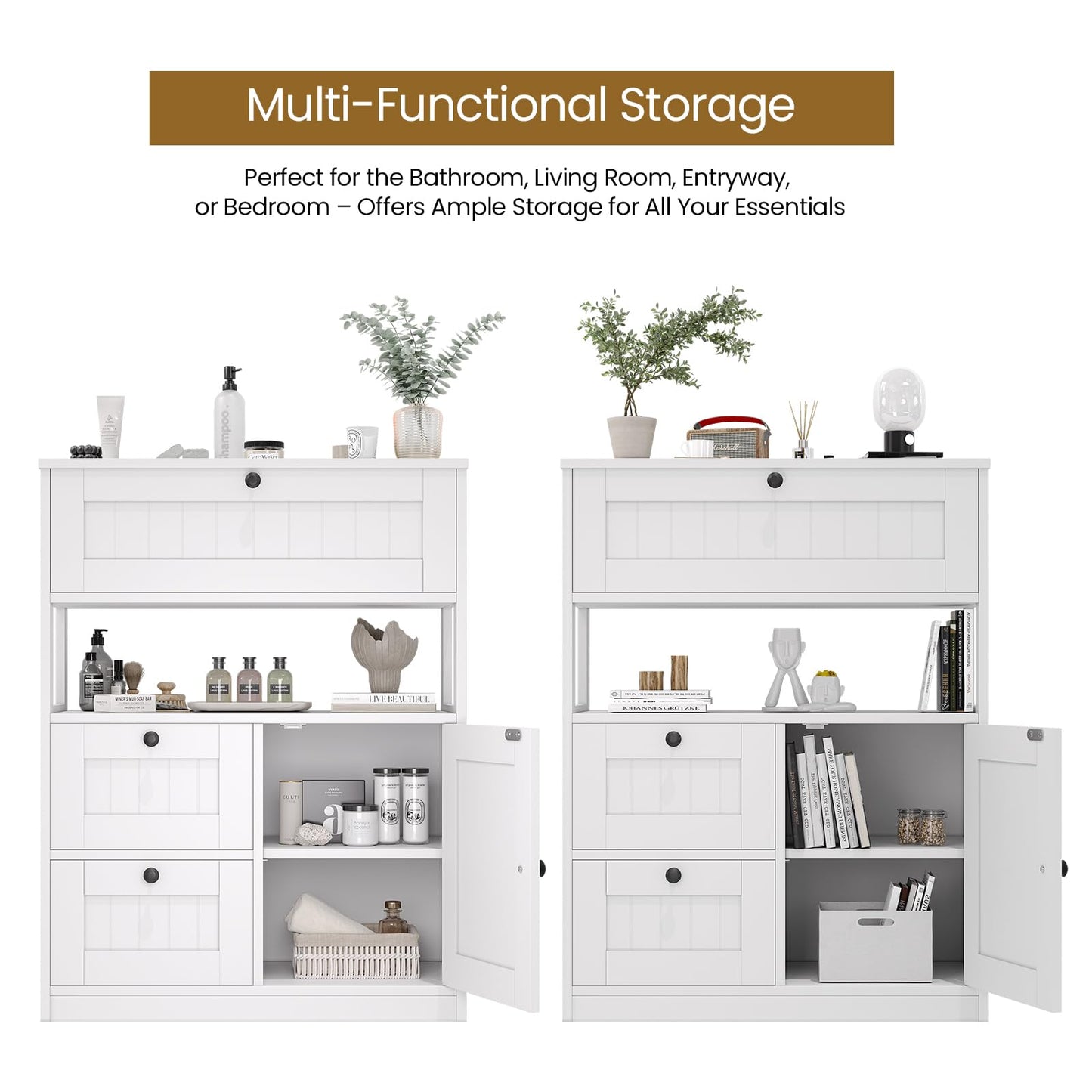 GRUSIGN Bathroom Cabinet, Modern Bathroom Floor Storage Cabinet Organizer with 1 Door and 3 Drawers, Freestanding Cupboard for Kitchen/Living Room Use