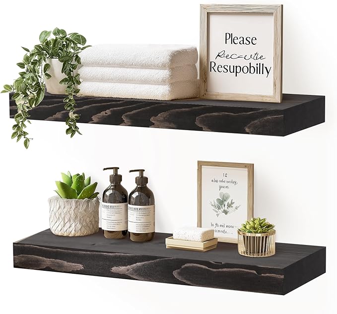 17x8x1.6 inch Floating Shelves Set of 2 – Solid Wood Rustic Black Wall Mounted