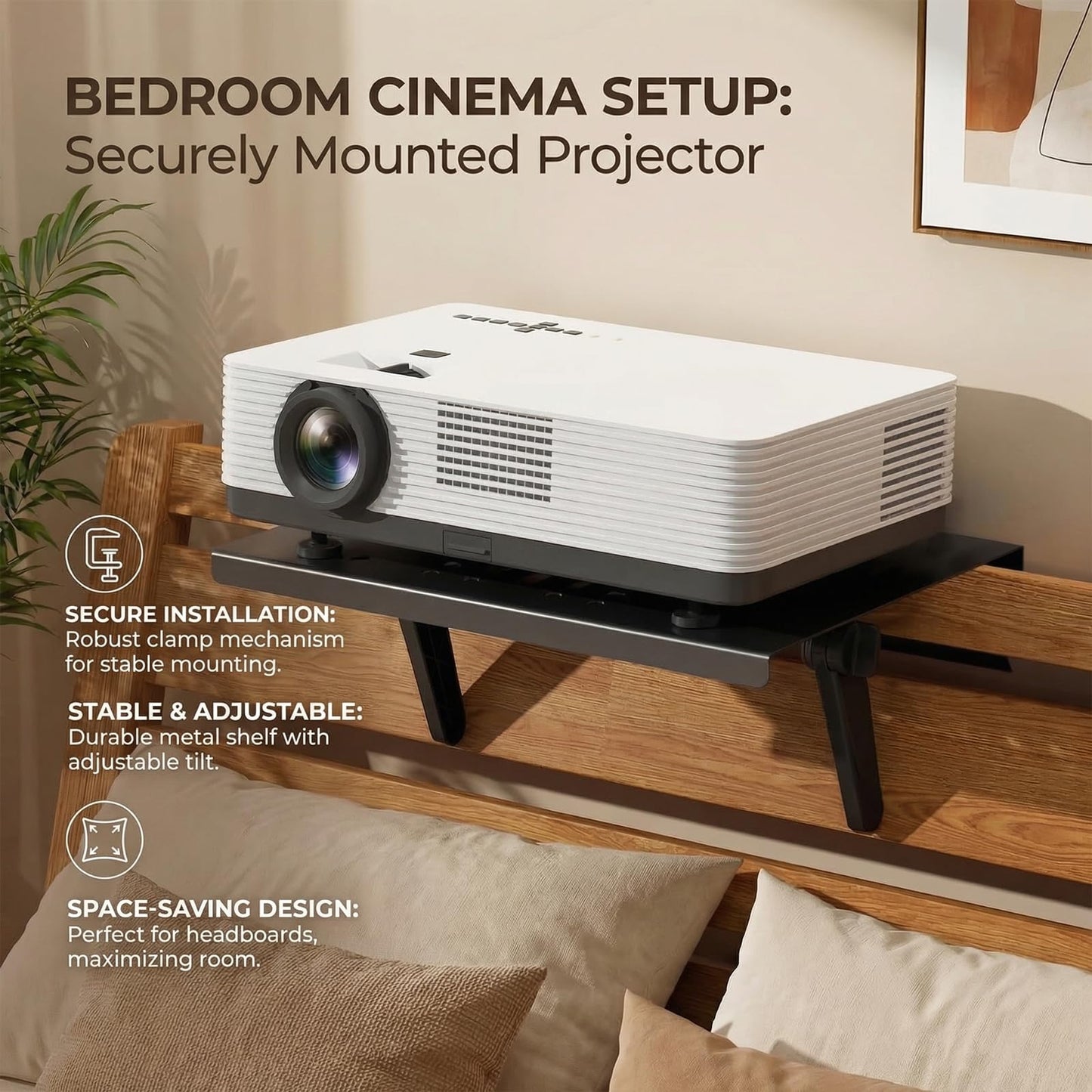Egula No Drill Projector Mount Shelf, 11.81 x 9.45 Inch Metal Projector Wall Mount for Bedside and Sofa, Adjustable Angle Foldable Projector Holder with Ventilated Design for Living Room