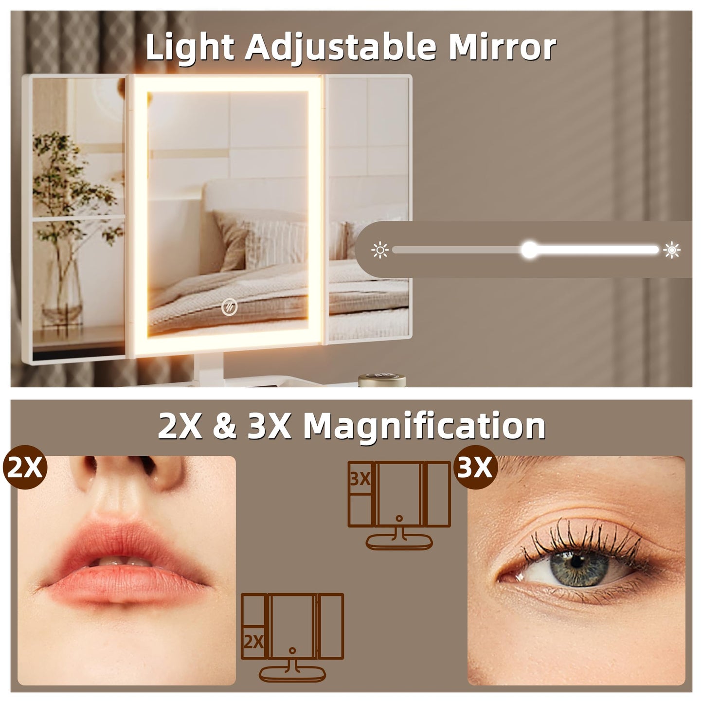 HIGDBFE Small Makeup Vanity Desk 27.5''W with Mirror and Lights, Vanity Desk with 3 Fabric Drawers and Height-Adjustable Stand, Vanity Table for Girls Gifts, Bedroom and Small Spaces, White