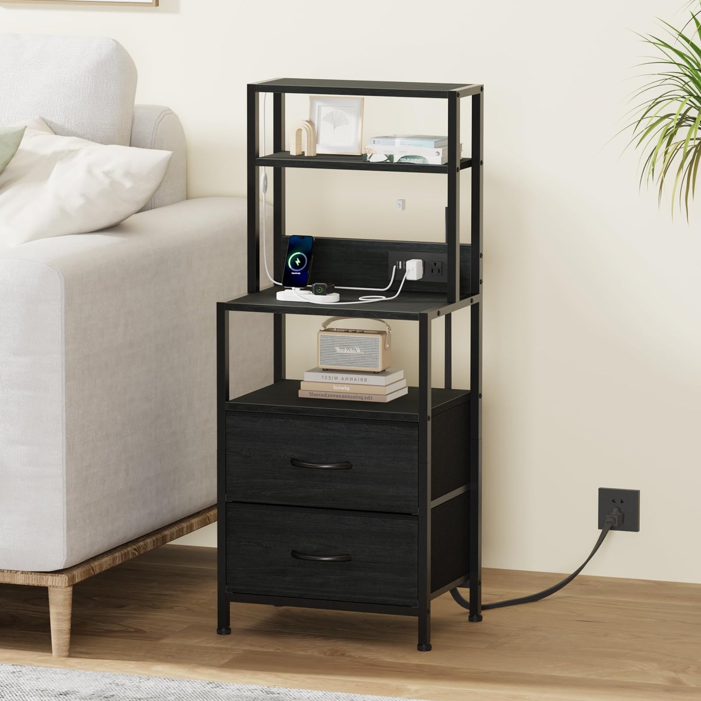 Furnulem Night Stand, Tall Nightstand with 4-Tier Shelves, 2 Fabric Drawers and Led Lights, Bed Side Tables with Charging Station, Bedside Table for Bedroom, Office, Black Oak