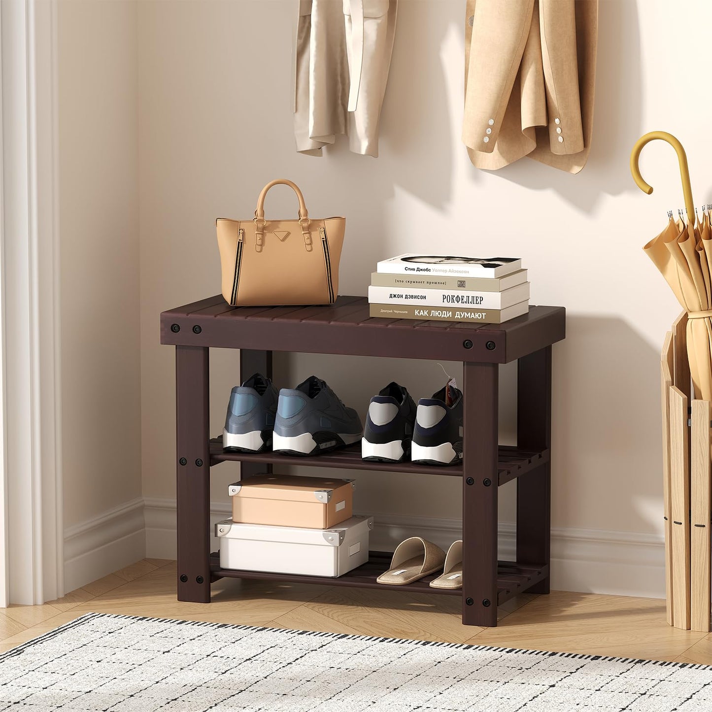 Sweetcrispy 3-Tier Shoe Rack Bench for Entryway, 286lb Capacity, Brown