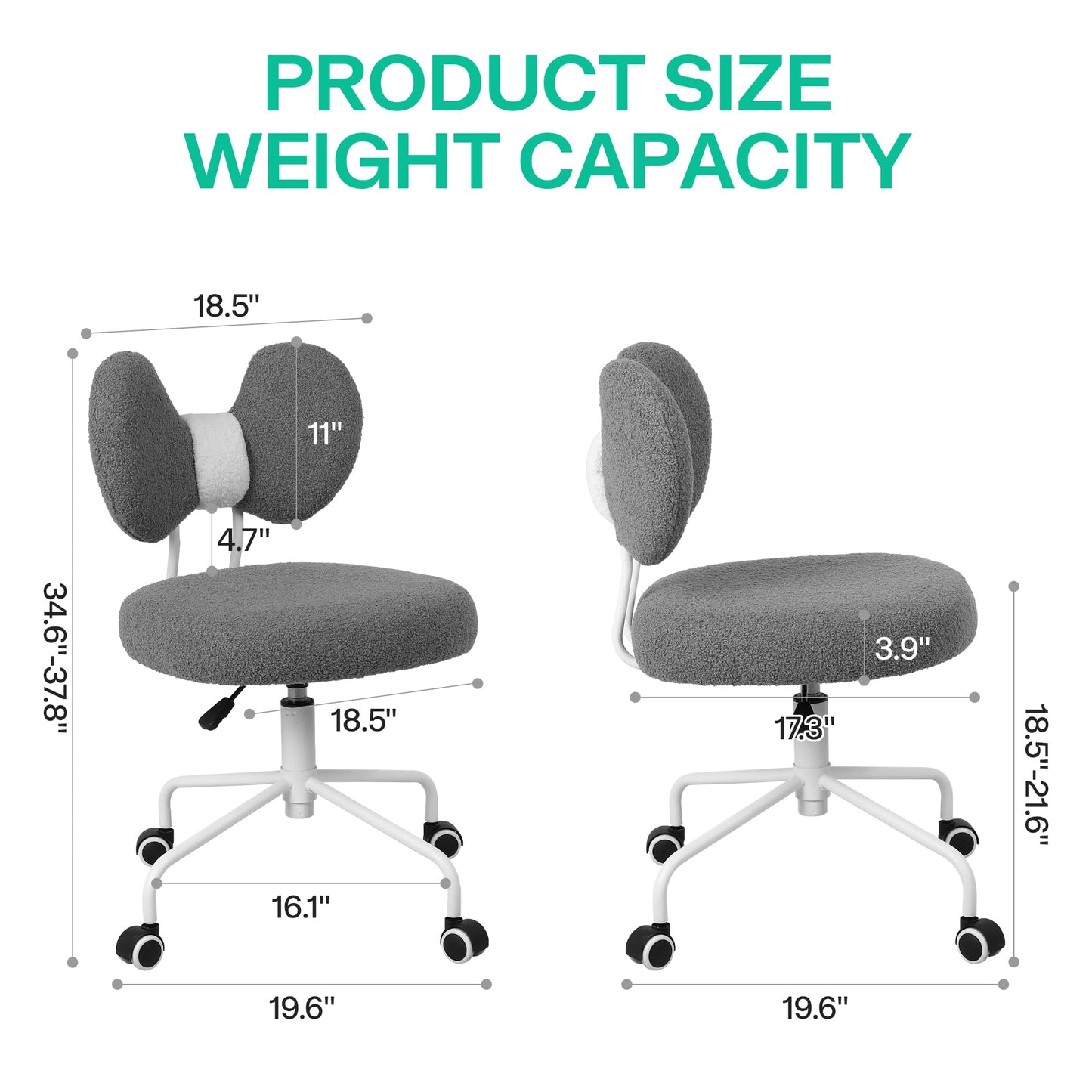 Shiepu Cute Desk Chair with Back,Comfy Small Office Chair with Wheels, Armless Adjustable Rolling Swivel Computer Chair for Home Office,Make-up Room,Bedroom,Vanity Chair for Girls,Teddy Velve,Grey