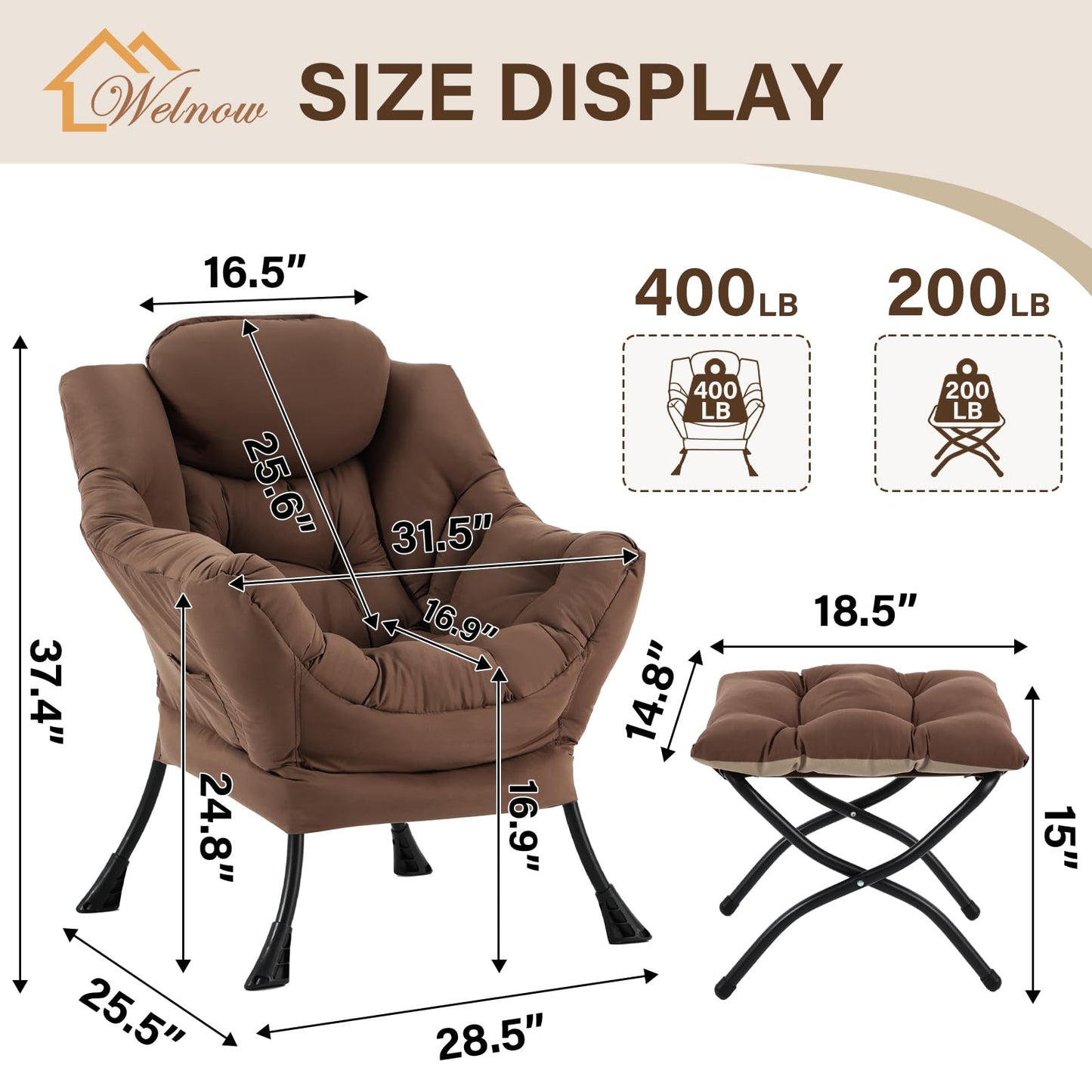 Welnow Lazy Chair with Ottoman, Modern Accent Armchair with Armrests and a Side Pocket, Leisure Sofa Armchair Set, Reading Chair with Footrest for Small Space, Dark Brown