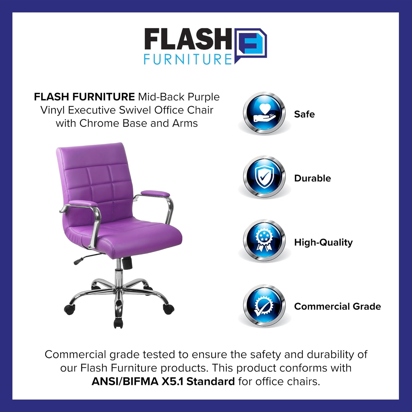 Flash Furniture Vivian Mid-Back Purple Vinyl Executive Swivel Office Chair with Chrome Base and Arms