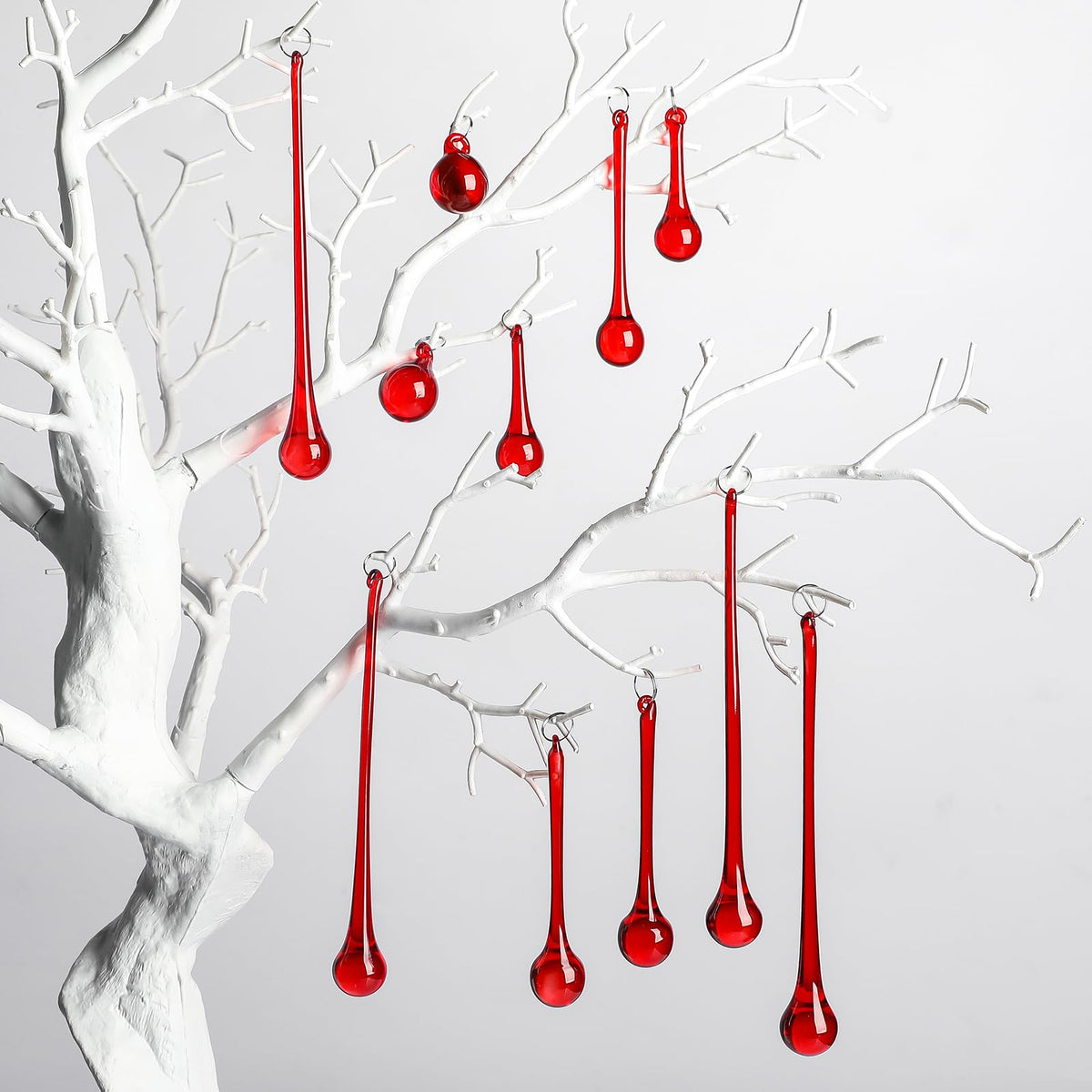 LONGWIN 40pcs Red Crystal Glass Teardrop Ornaments for Christmas Tree, Chandelier Crystals Replacement Parts, 4 Styles Xmas Raindrop Centerpiece Decor