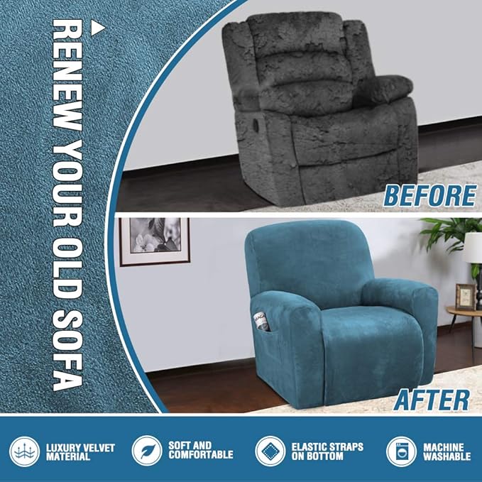 H.VERSAILTEX Velvet Stretch Recliner Couch Covers 4-Pieces Style Recliner Chair