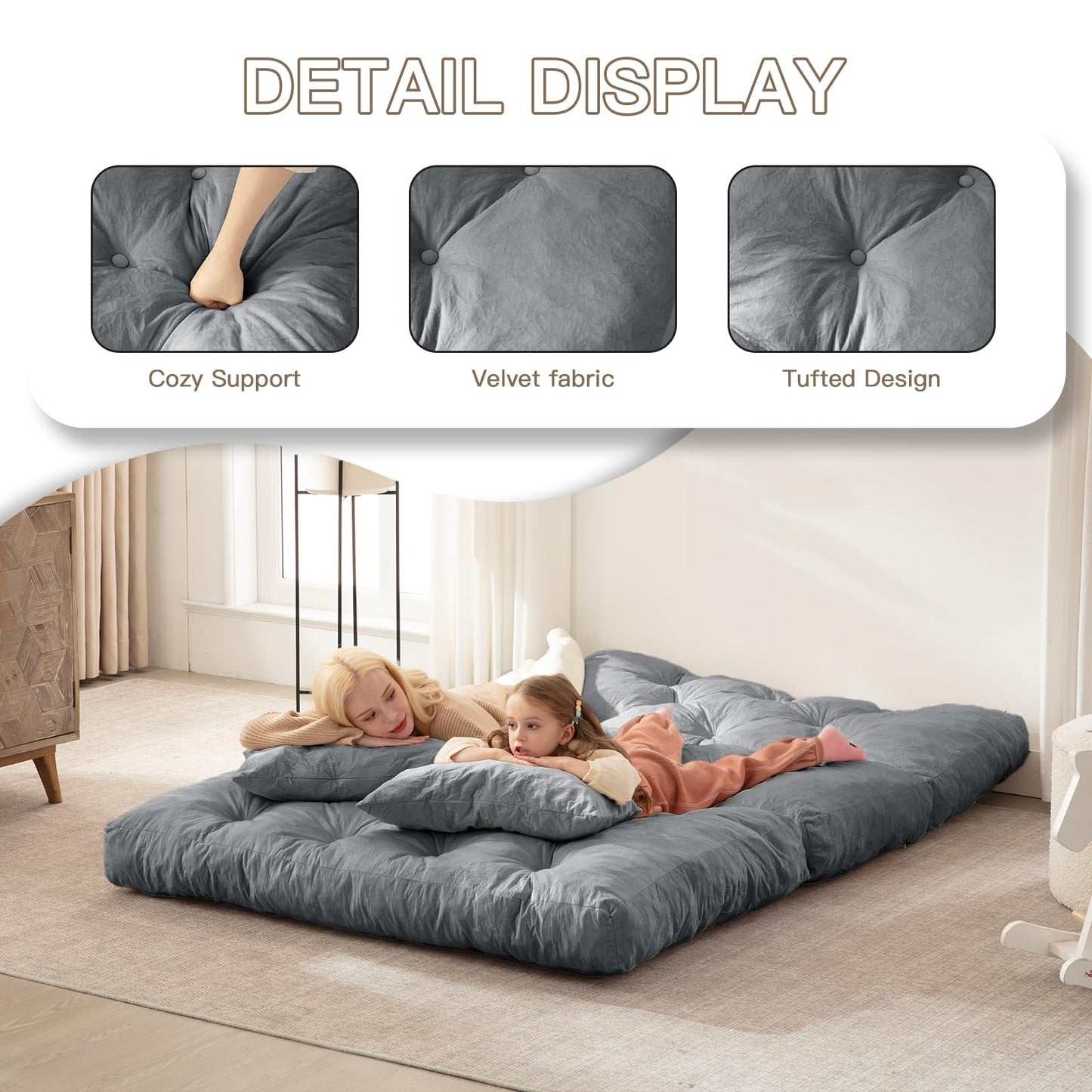 Folding Sofa Bed, Convertible Sleeper Chair with Pillow Foldable Mattress with Back Support, Portable Fold Out Chair Bed Comfy Floor Sofa Lounge for Living Room Bedroom, Dark Gray Full 80x54 Inch