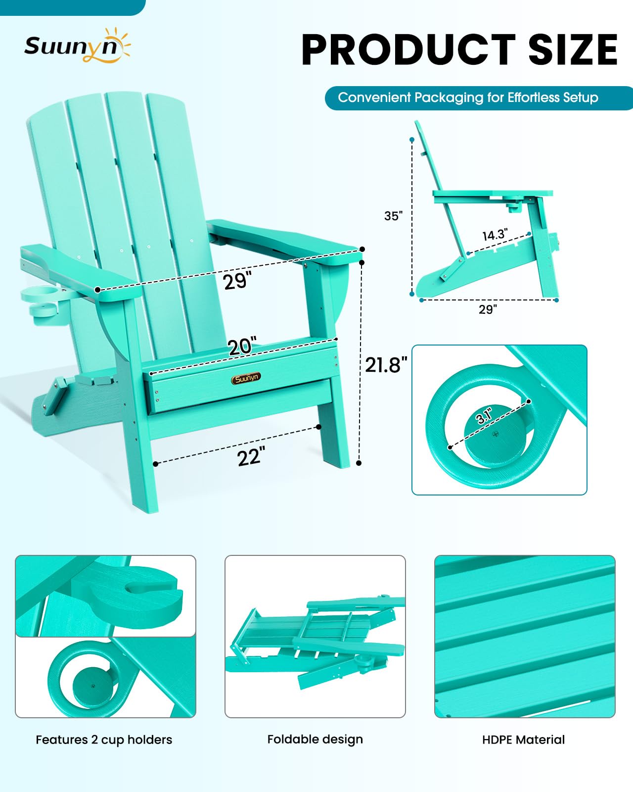 SUUNYN Folding Adirondack Chair, HDPE Adirondack Chairs with 2 Cup Holder, Plastic All-Weather Fire Pit Chairs, Outdoor Lawn Chair for Patio Garden (Lake Blue)