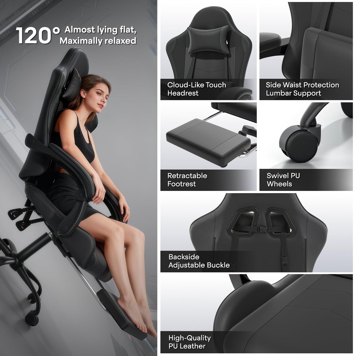Athena Collection Ergonomic Gaming Chair with Footrest & Headrest Lumbar Support, Height Adjustable Swivel Office Chair Reclining Game Chair High Back Computer Chair for Adults, Carbon Fiber Black