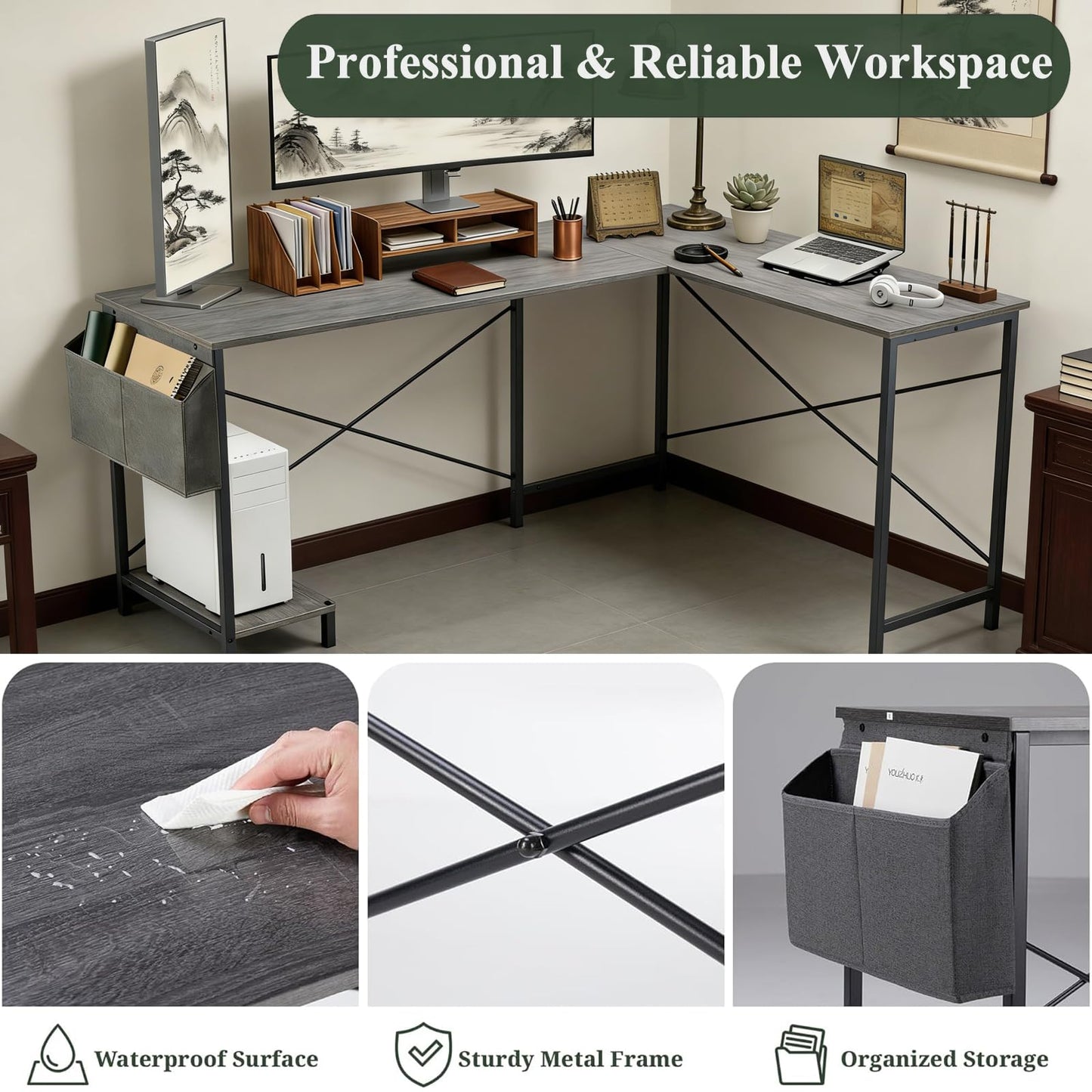 Sagenest L Shaped Desk, 50 Inch Reversible Computer Desk Corner Gaming Table with CPU Stand & Storage Bag, Sturdy Metal Frame PC Workstation for Home Office