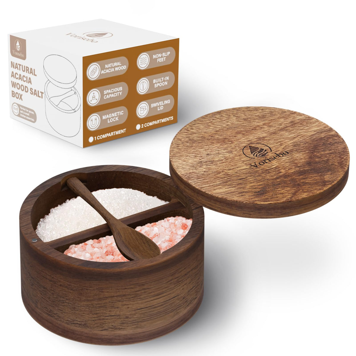 Vorisebo Acacia Wood Salt Container with Built-in Spoon, Elegant Salts Holder with Magnetic Swivel Lid, Salt Box for Kitchen to Storage Pepper, Spice or Favorite Seasonings, 5OZ (Two Compartments)