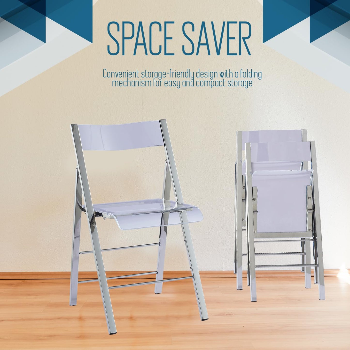 ISL Furnishings Kasper Flex Modern Acrylic Folding Chairs – Foldable Transparent Clear Lucite Chair with Chromed Steel Frame for Indoor, Outdoor, Dining, Desk, Office, Vanity – Silver, Set of 2
