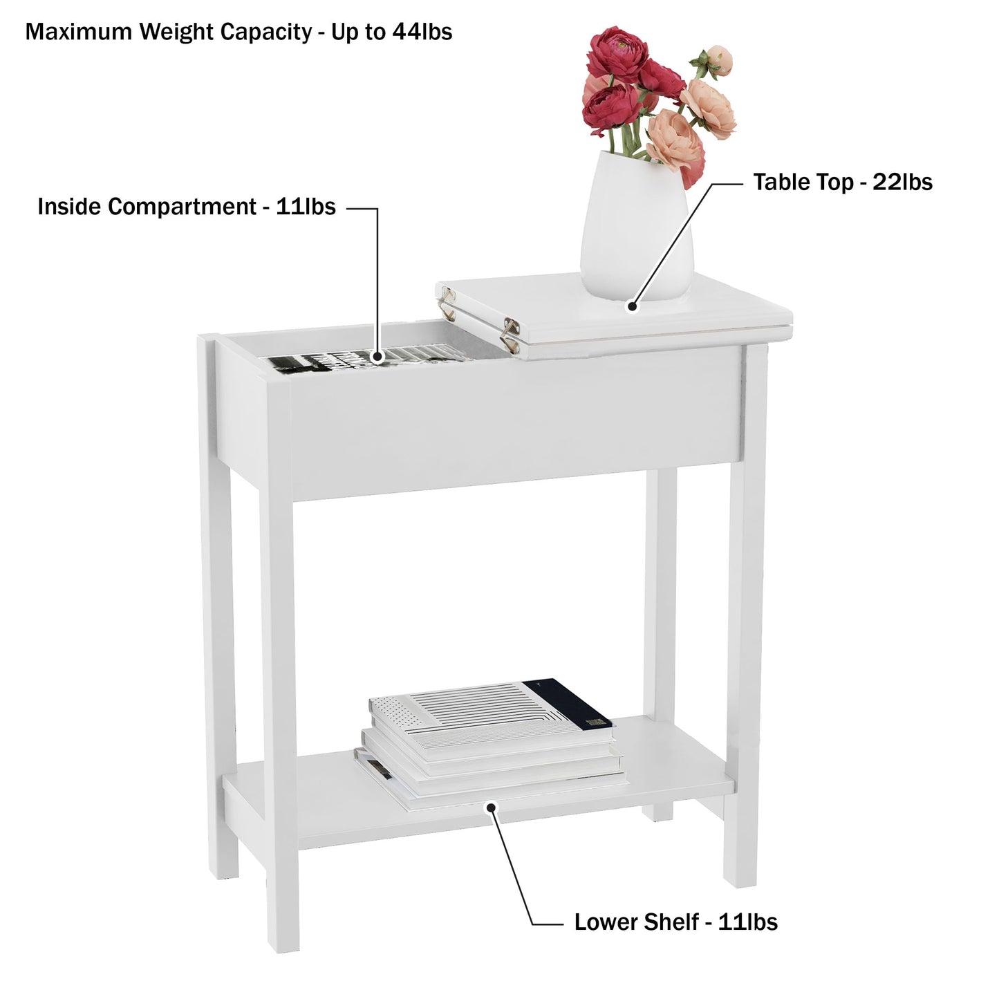Flip Top Console Table – Set of 2 White End Tables with Hidden Hinged Storage Compartment and Lower Shelf for Living Room or Bedroom by Lavish Home