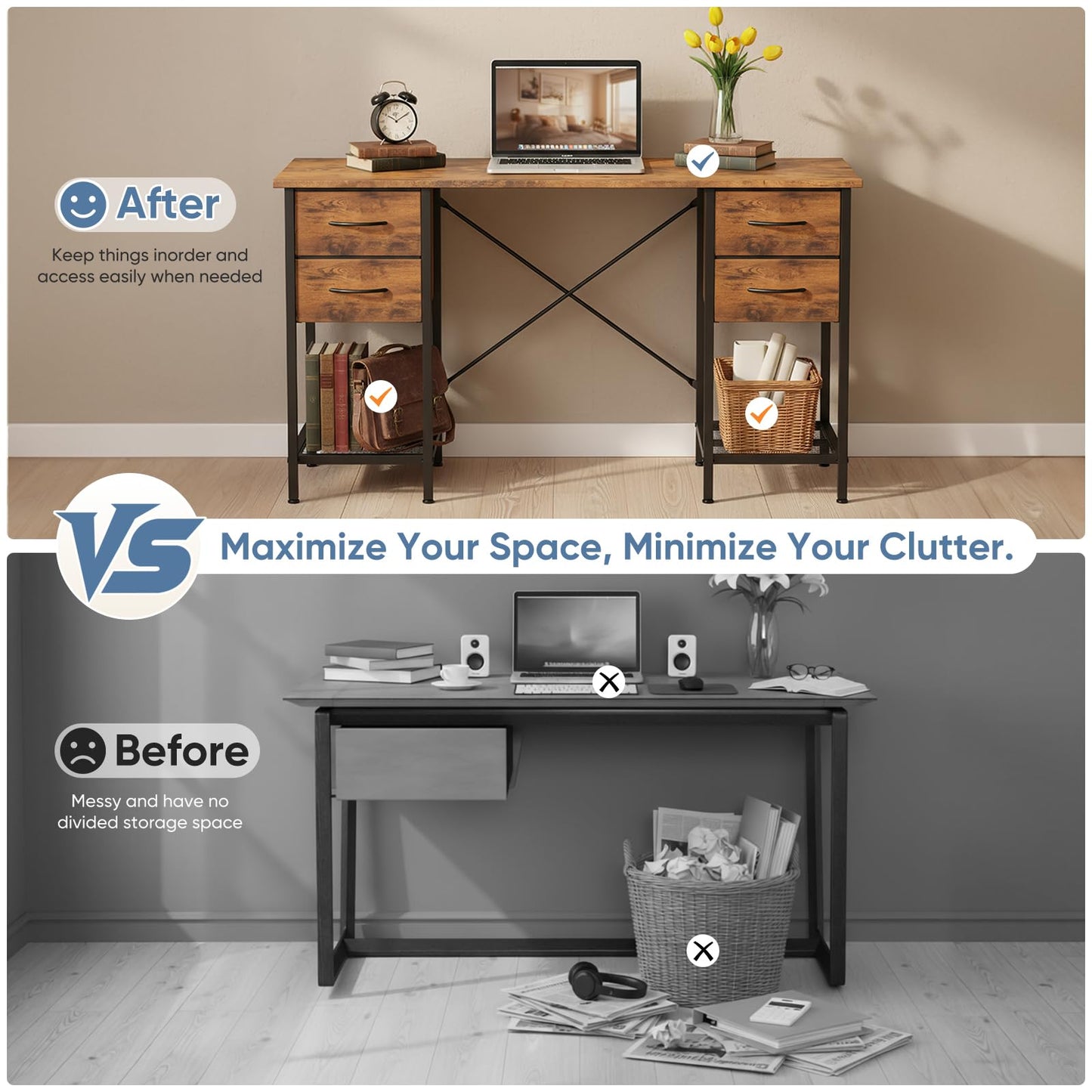 Sweetcrispy Computer Desk with Drawers 55 Inch Home Office Bedroom Table 4 Fabric Drawers 2 Mesh Storage Shelves Wood X-Shaped Writing Study PC Desk Workspace Side Hook Metal Frame Organizer Brown
