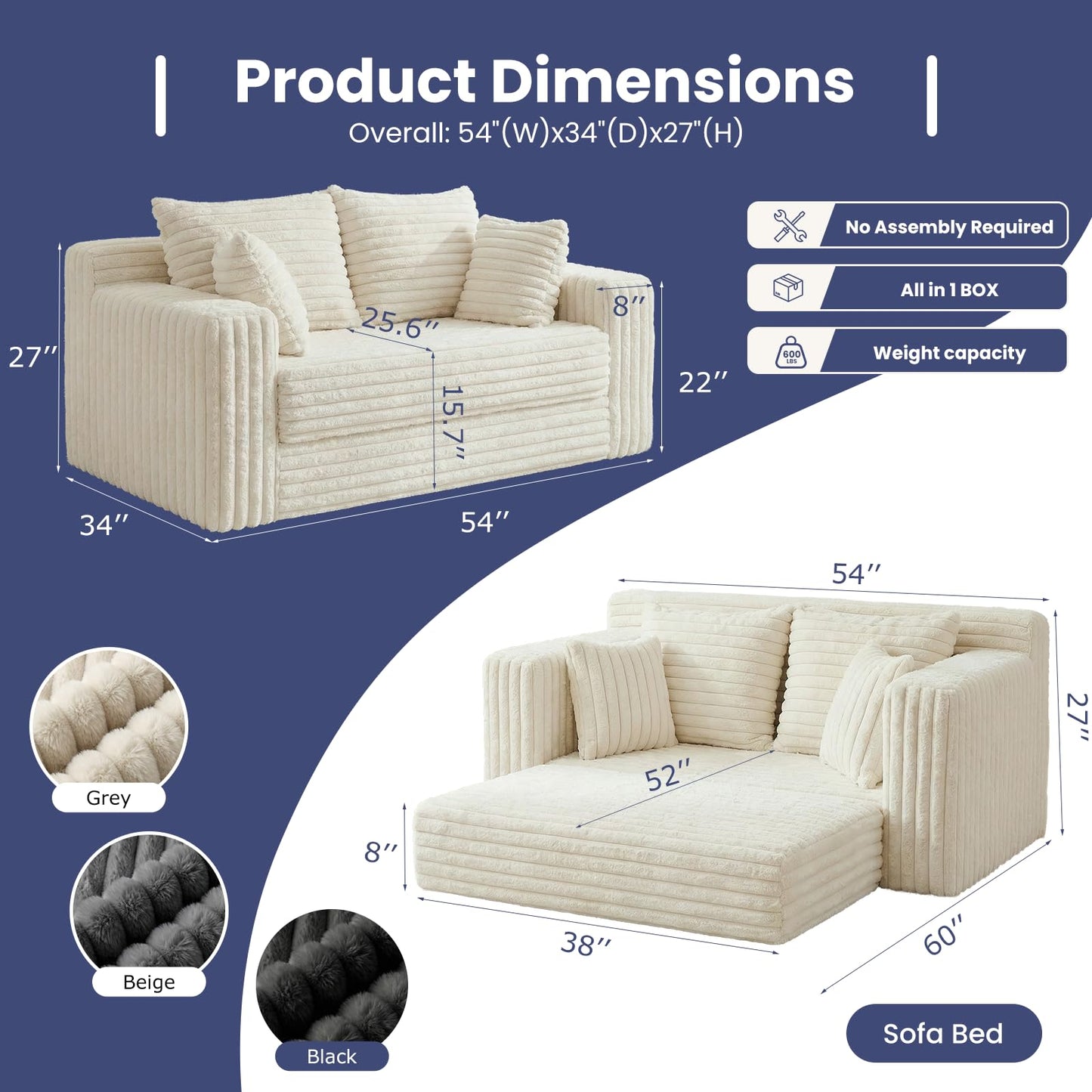 Winzoo 3-in-1 Convertible Sofa Bed: Boneless Loveseat Sleeper & Folding Couch Bed with 4 Pillows & Detachable Cushion,Furry Futon Couch for Bedroom,Apartment,Office and Living Room, No Assembly,Beige