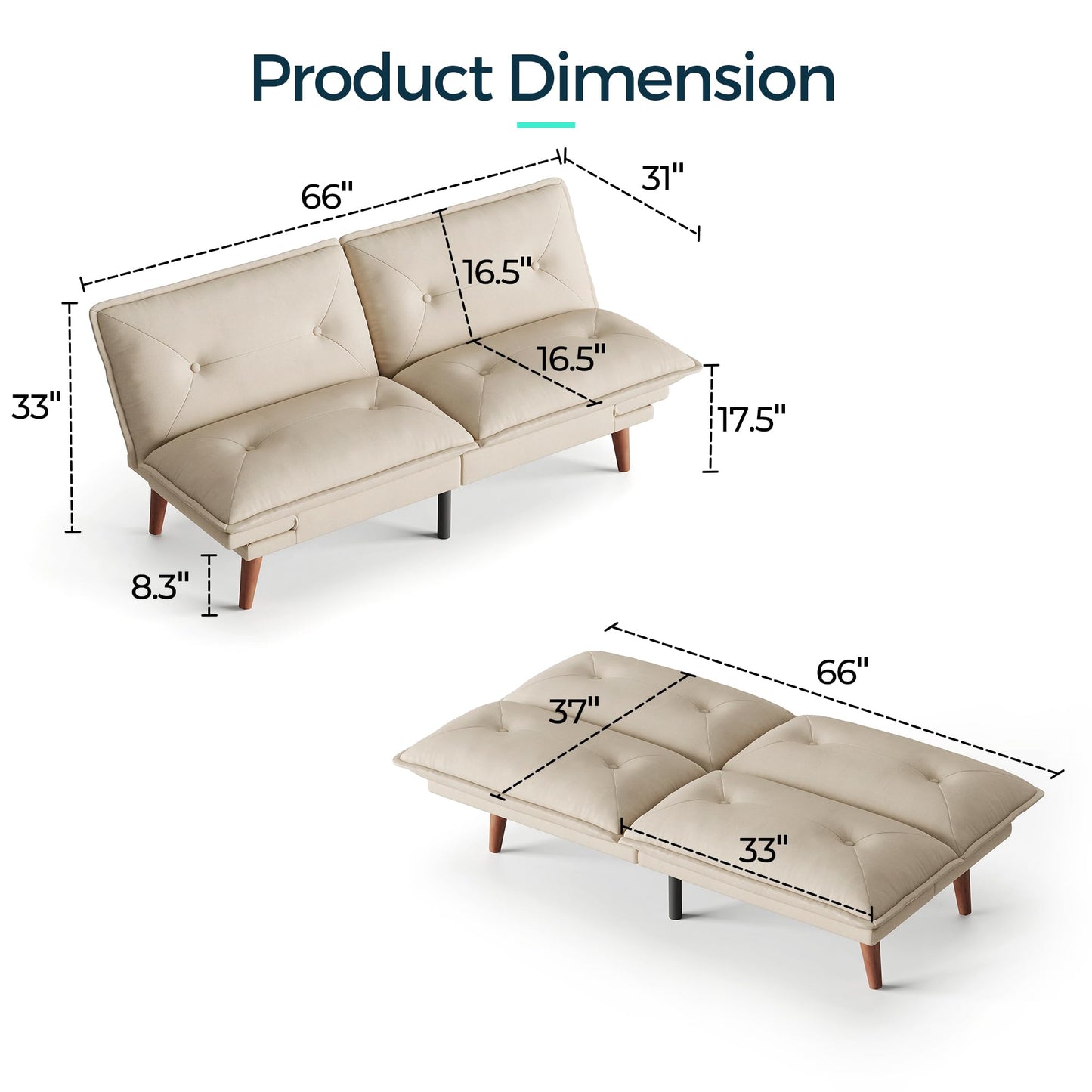 LINSY HOME Futon Sofa Bed, 70" Chenille Futon Couch with Adjustable Backrest Armrest, 3 in 1 Convertible Comfy Loveseat Sleeper Sofa Bed for Small Spaces Dorm Room Apartment Home Office(Khaki)