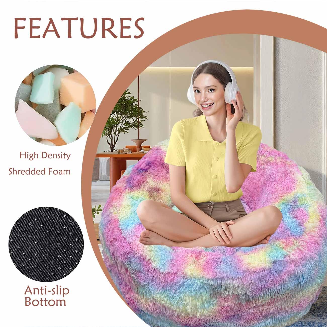 Plush Faux Fur Bean Bag Chairs, Memory Foam Filled Sofa Chair Shape Bean Bag for Adults/Teens/Kids, Ultra-Soft Lazy Sofa for Living Room Bedroom College Dorm, Rainbow