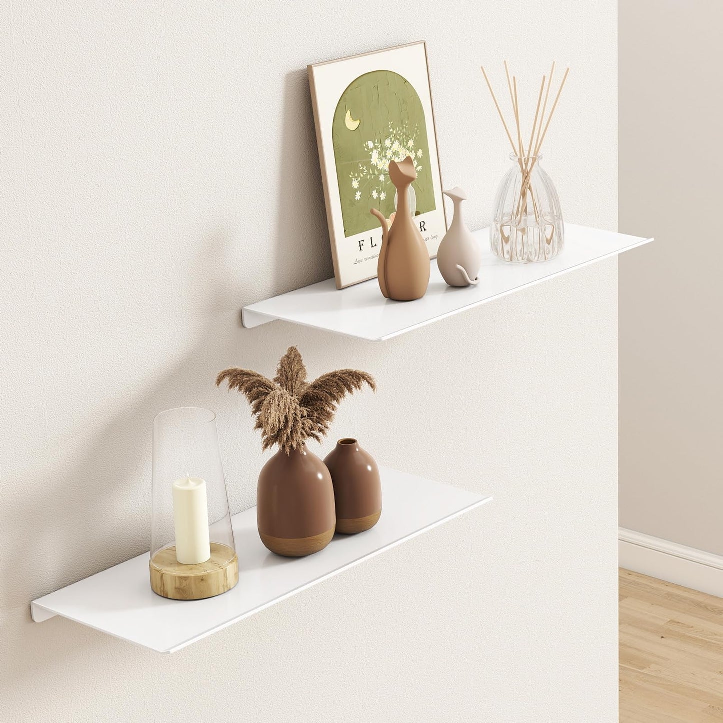 MKO 12" Floating Shelves for Wall, Small Metal Wall Mounted Shelf for Bathroom, Bedroom, Living Room, Kitchen, Little Hanging Shelves for Books/Storage/Room Decor 2 Packs, White