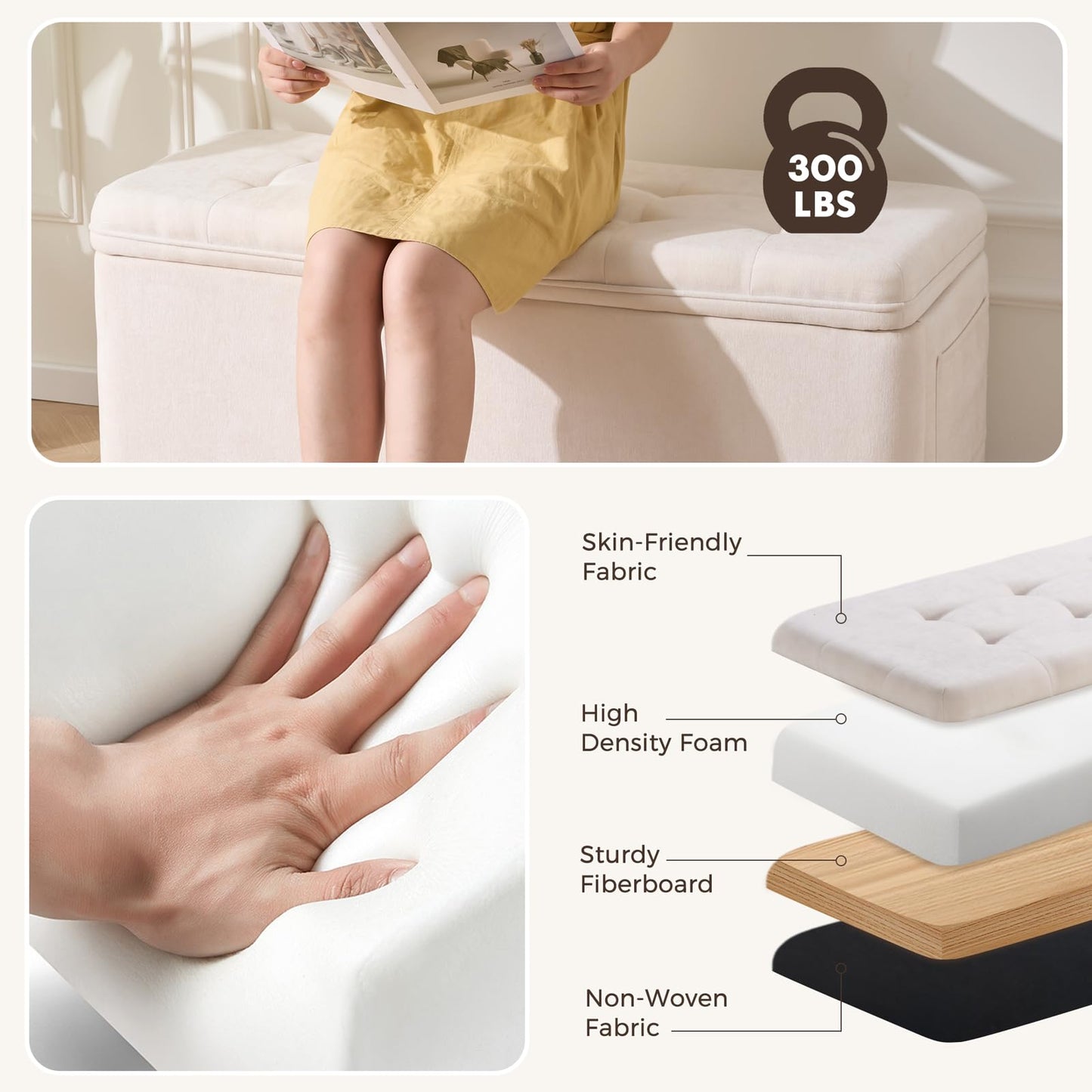 2BYF 45" Storage Ottoman Bench, Tufted Ottoman with Storage for Living Room, Large End of Bed Ottomans, Modern Entryway Benchs, Window & Bedroom Benches for Foot of Bed (Ivory)