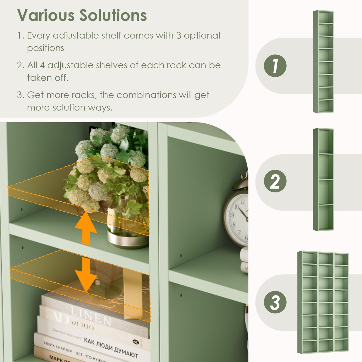 FOTOSOK 8-Tier Media Tower Rack, 11.6 X 9.3 X 70.9 Inches CD DVD Slim Storage Cabinet with Adjustable Shelves, Tall Narrow Bookcase Display Bookshelf for Home Office, Green