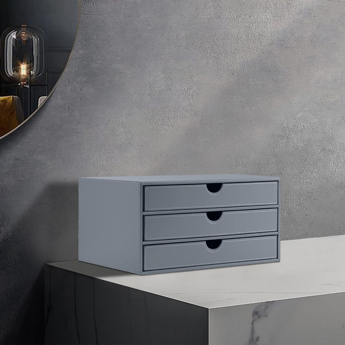 XNONE PU Leather Desk Organizer with 3 Drawers,Executive Office Supplies Desktop Filing A4 File Cabinet/Holder for Jewelry/Bill/Paper/Documents/Makeup Home Decor Stationery Storage Box,Grey