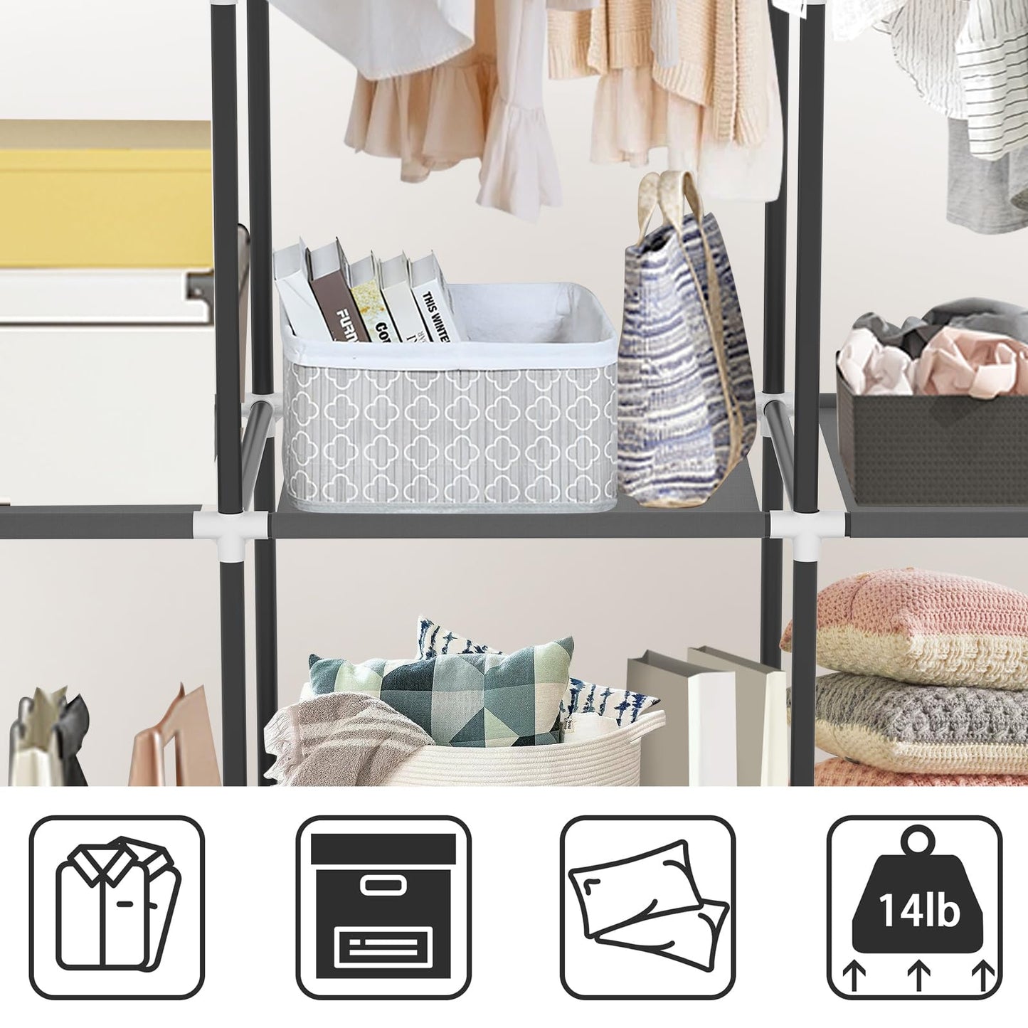 LOKEME Portable Closet, Wardrobe Closet with 3 Hanging Rods and 6 Storage Shelves and 4 Side Pockets, Gray Portable Closets for Hanging Clothes Easy to Assemble and Strong and Stable