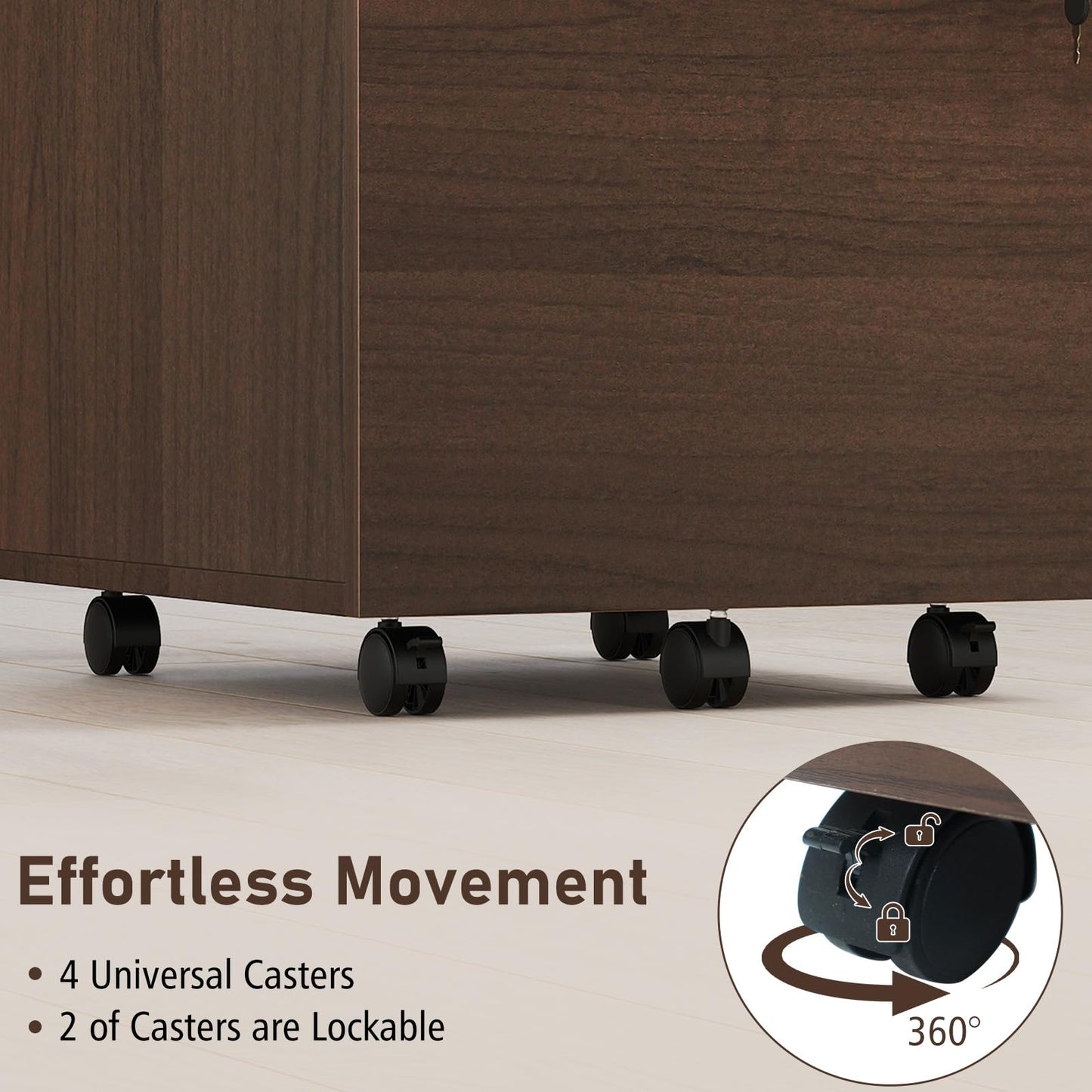 Giantex 3-Drawer File Cabinet with Lock, 27-Inches Storage Cabinet with 2 Side Hooks, Mobile Printer Stand, Wheels, 4 Keys, Vertical Filing Organizer fits Letter/A4 Size for Home Office (Brown)