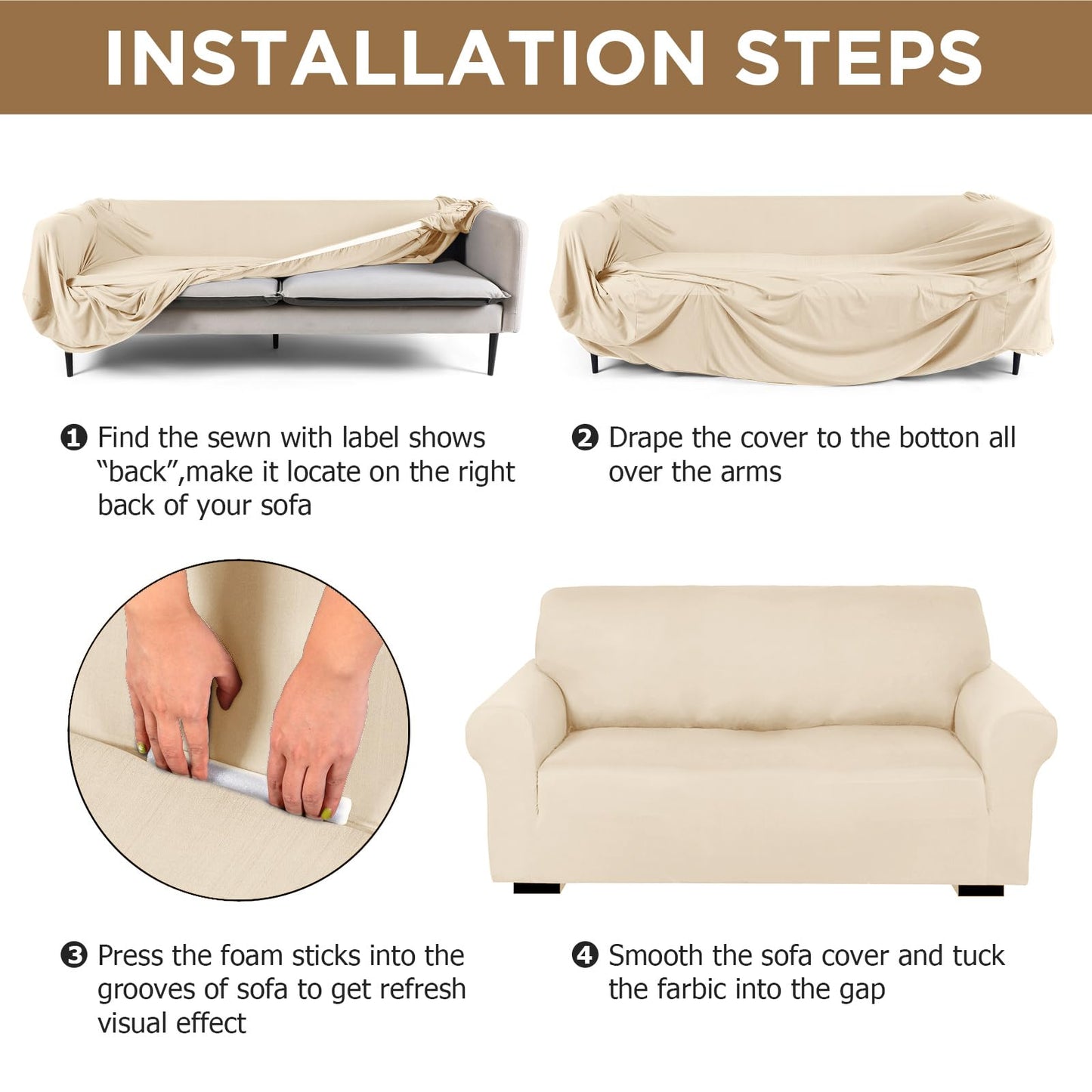 Peryiter 3 Pcs Couch and Loveseat Covers Set Sofa Cover for Couch Sofa Slipcover for Living Room Arm Chair Furniture Protector(Cream,Milk Silk Spandex)