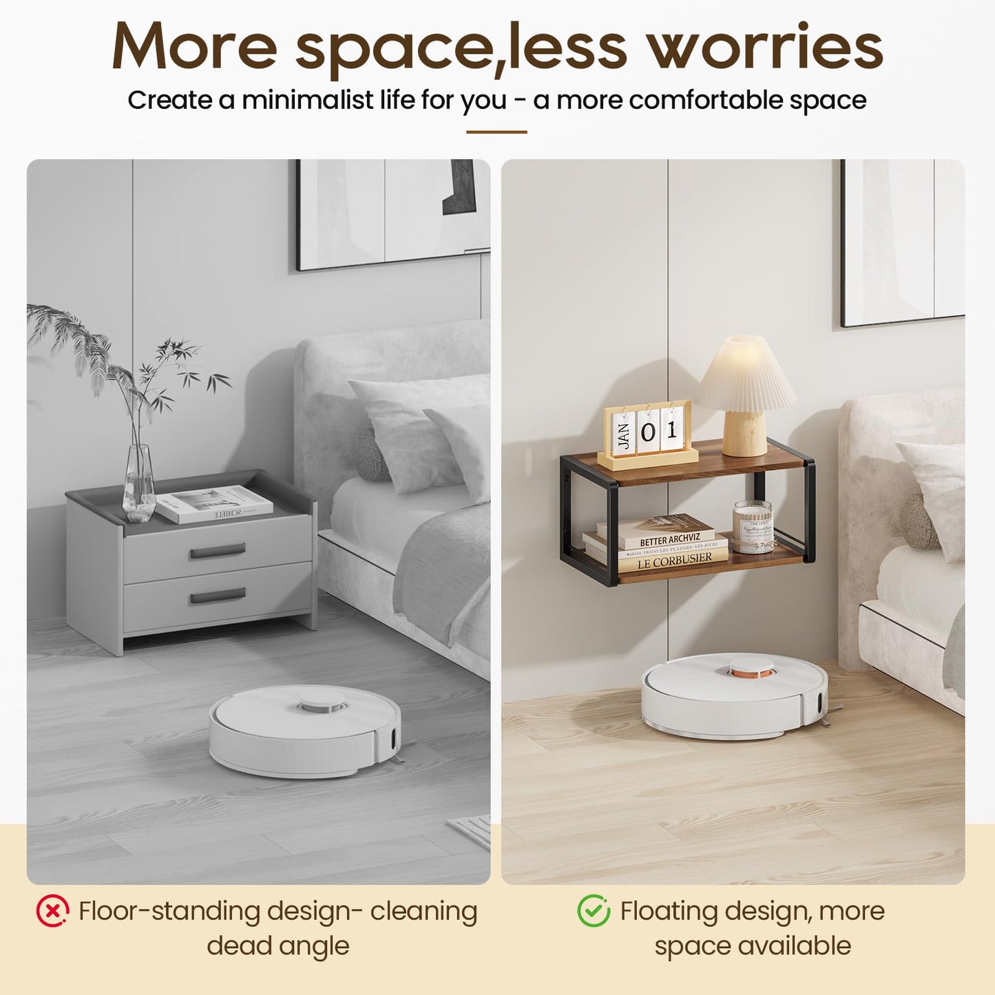 NANAGIFTREE Floating Nightstand, Wood Bedside Shelf Wall Mounted Nightstand with Heavy-Duty Frame, Floating Bedside Table for Bedroom, Bathroom, Kitchen, (Vintage Brown, 1 Pack)