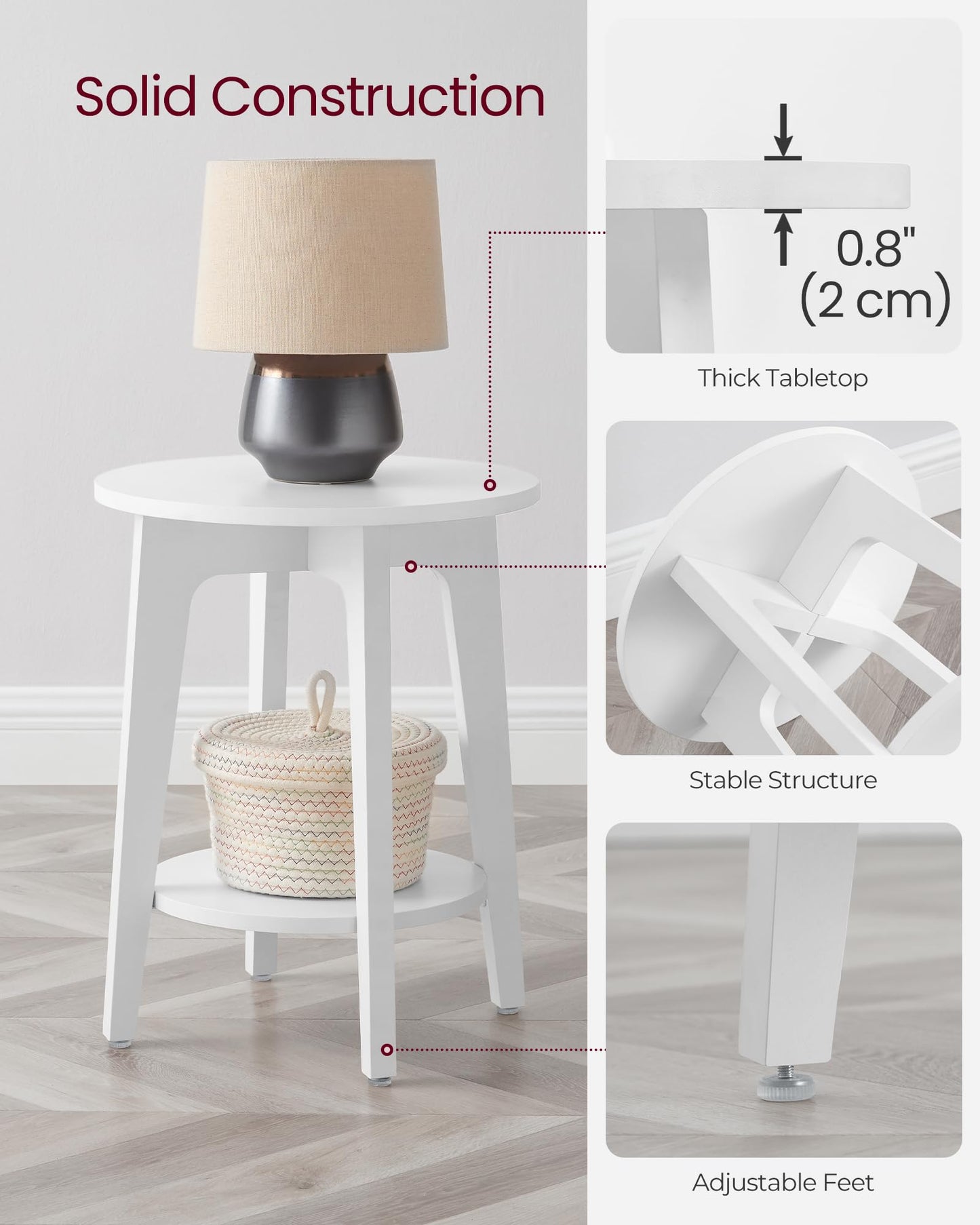 VASAGLE MAEZO Collection - Side Table, 2-Tier Small Round End Table, Nightstand with Tapered Legs, Curved Transitions, for Small Spaces, Living Room, Bedroom, Cloud White ULET283T14