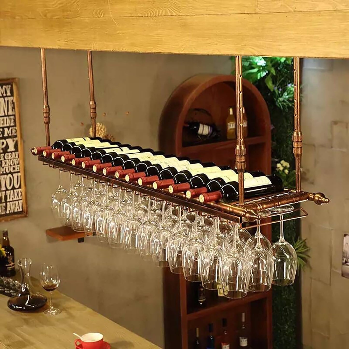 BELELUCKY Ceiling Wine Glass Rack,Hanging Wine Rack With Glass Holder And Shelf,Height Adjustable Metal Ceiling Bar Wine Glass Rack,liquor Bottle Display Shelf For Bars Cafe Kitchen (Color :