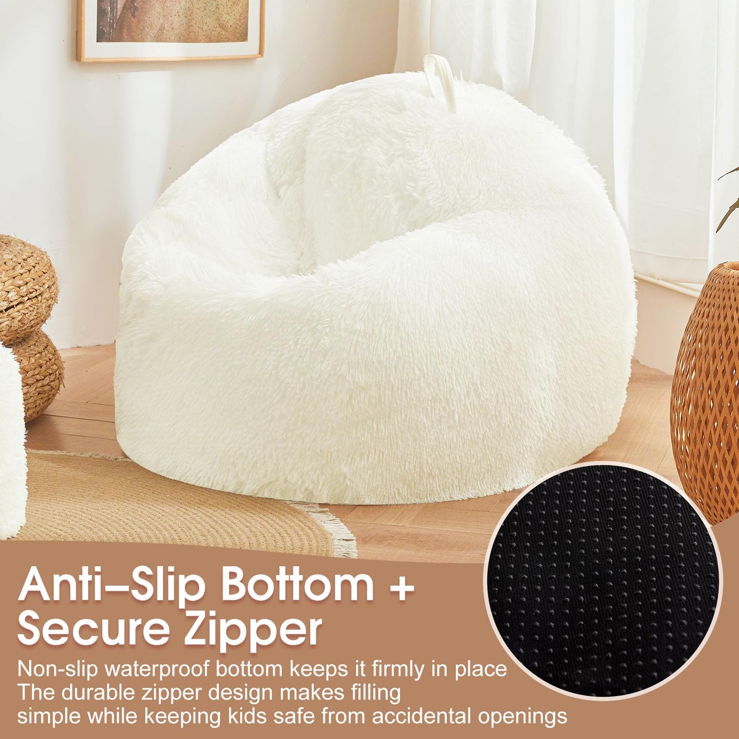 Beige faux fur bean bag chair covers (No Filler), comfy Fluffy Beige bean bag chair Cover for bedroom, stuffed animal Storage, kids adults teens girls bean bag chairs, Anti-Slip