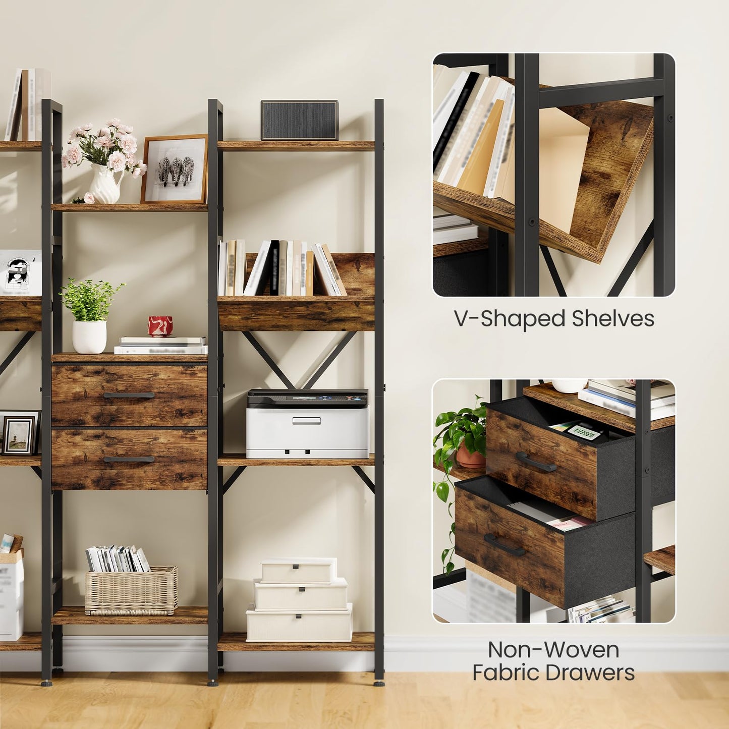 CHOEZON 3-Column Bookcase, 55.1" Bookshelf with 2 Non-Woven Fabric Drawers and V-Shaped Shelves, Display Storage Shelf for Living Room, Office, Study, Rustic Brown and Black TSJ03BF